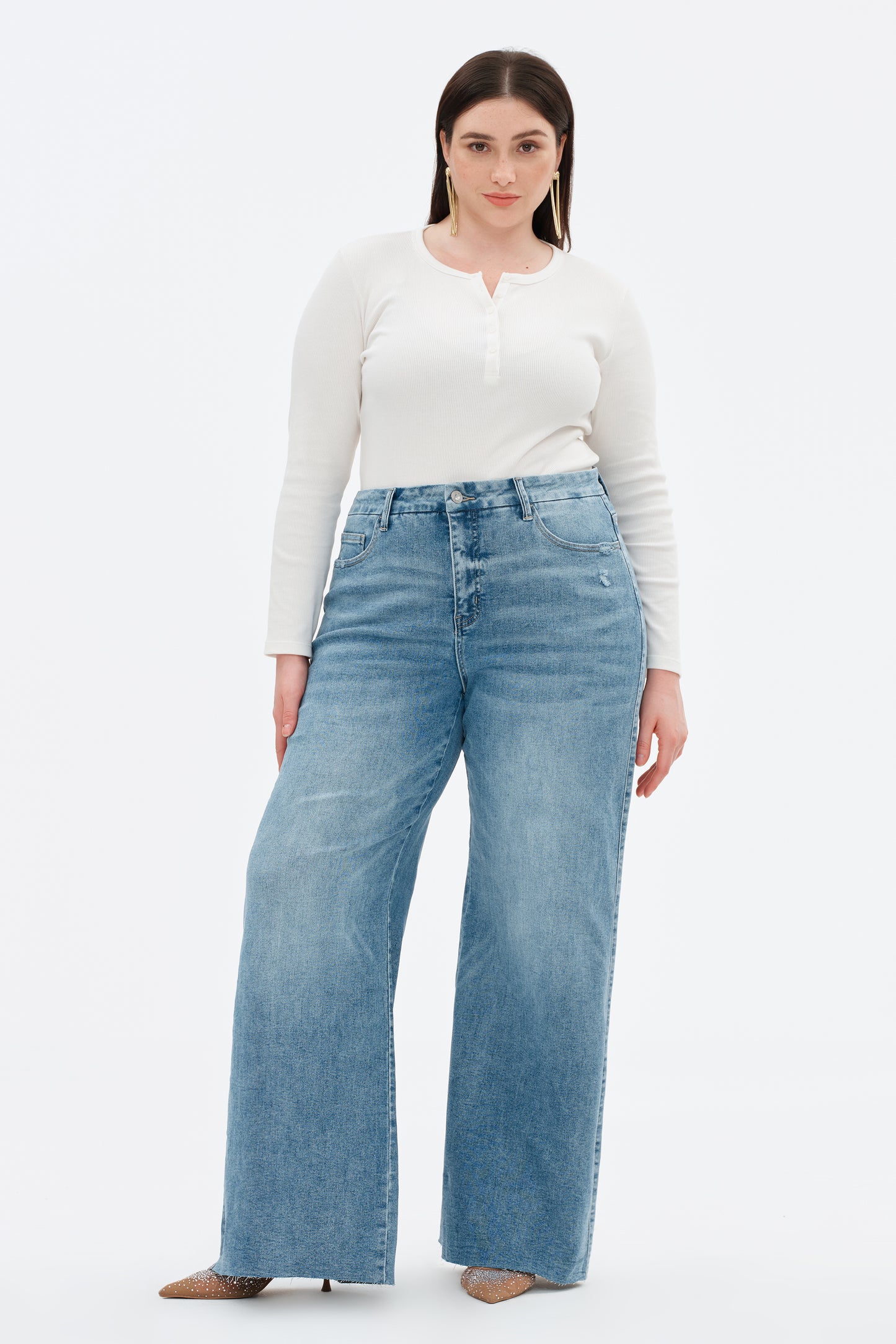 Plus Size Mid Rise Wide Leg Jeans Raw Hem Vintage OSW8019-P