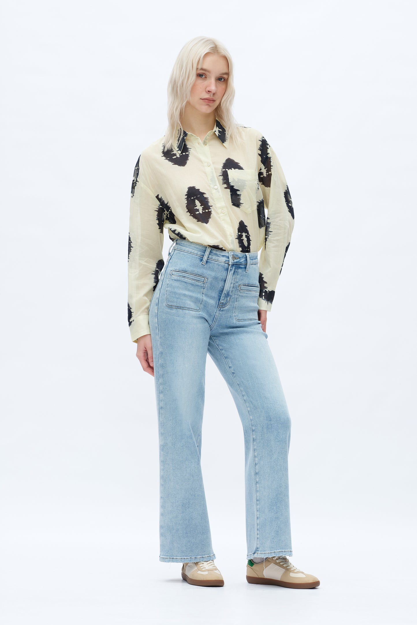 High Rise Straight Jeans Front Patch Pockets OST5023