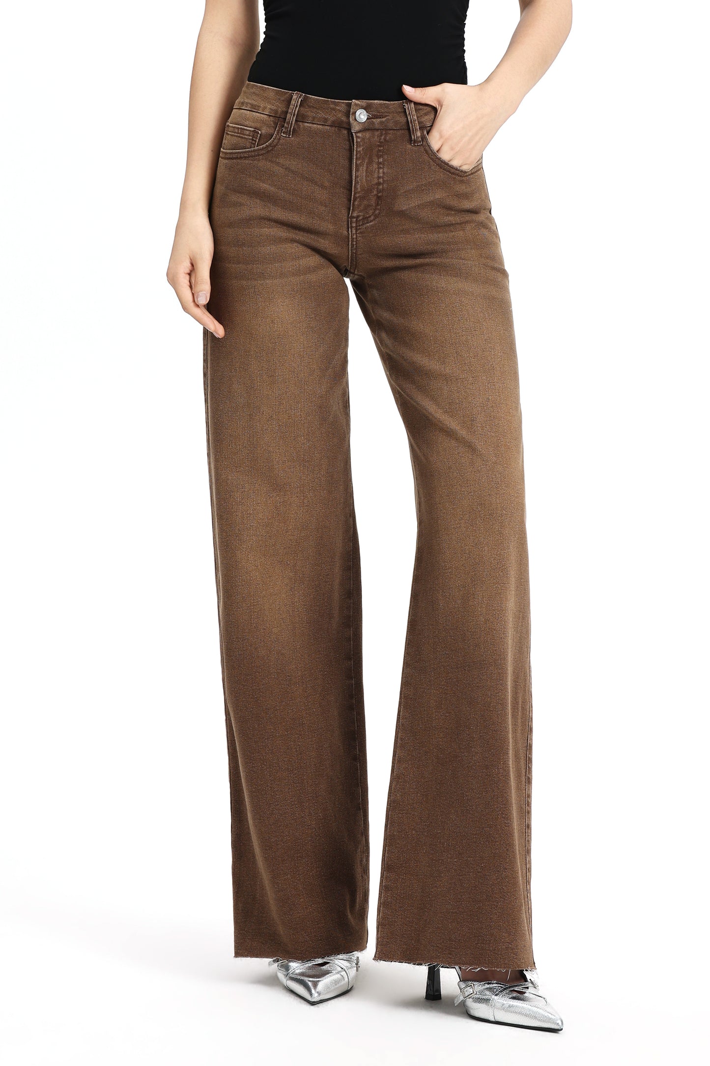 Mid Rise Wide Leg Jeans Raw Hem Vintage Denim OSW8019