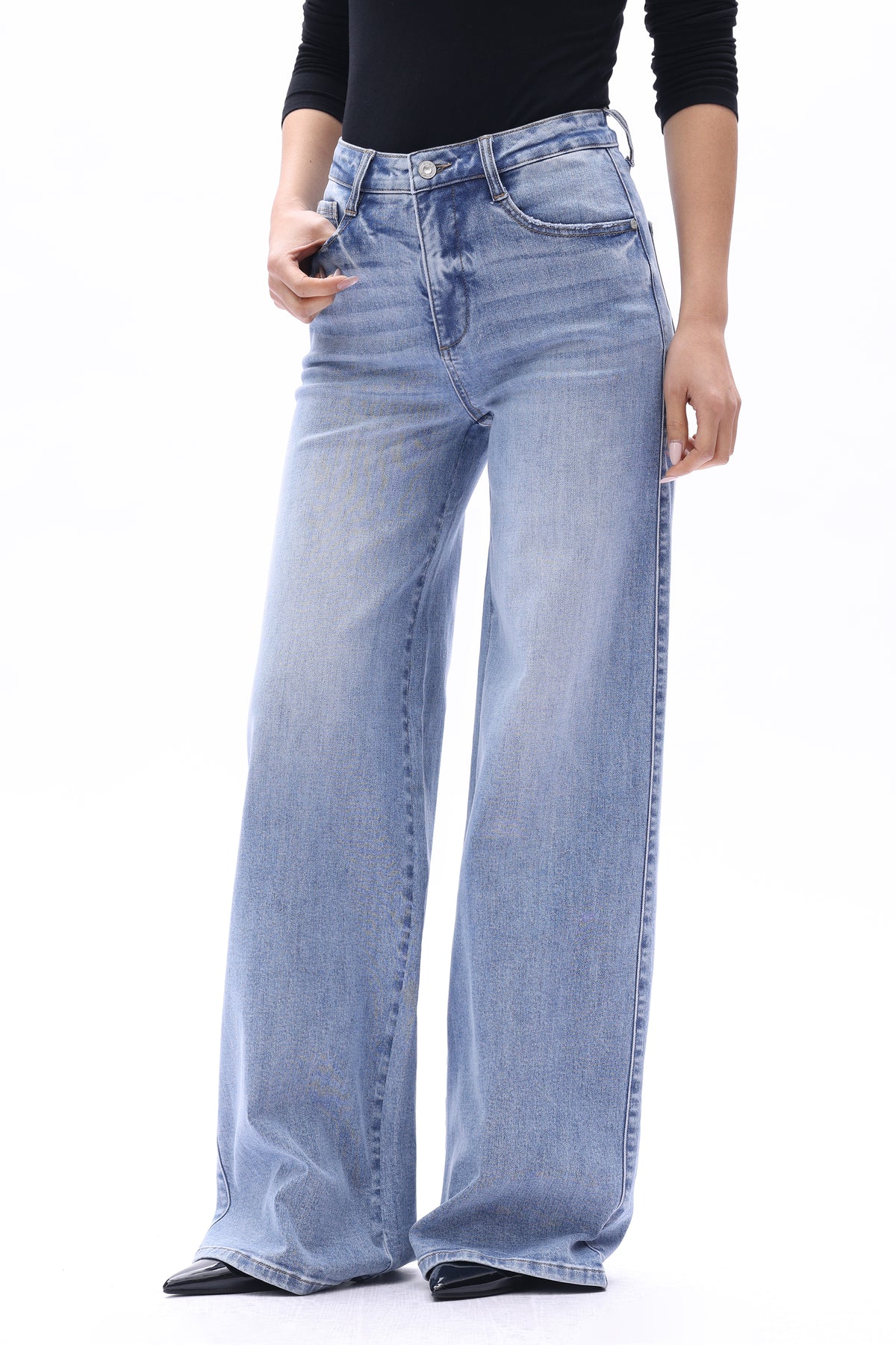 Plus Size Mid High Rise Flared Wide Leg Tall Jeans ESFW640827-P