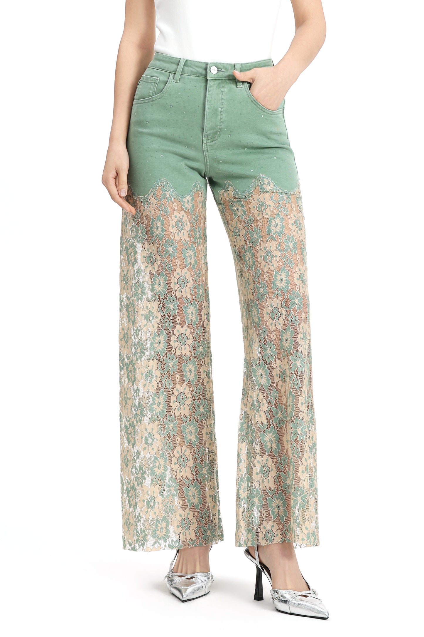 High Rise Lace Pants with Rhinestone OSW8027
