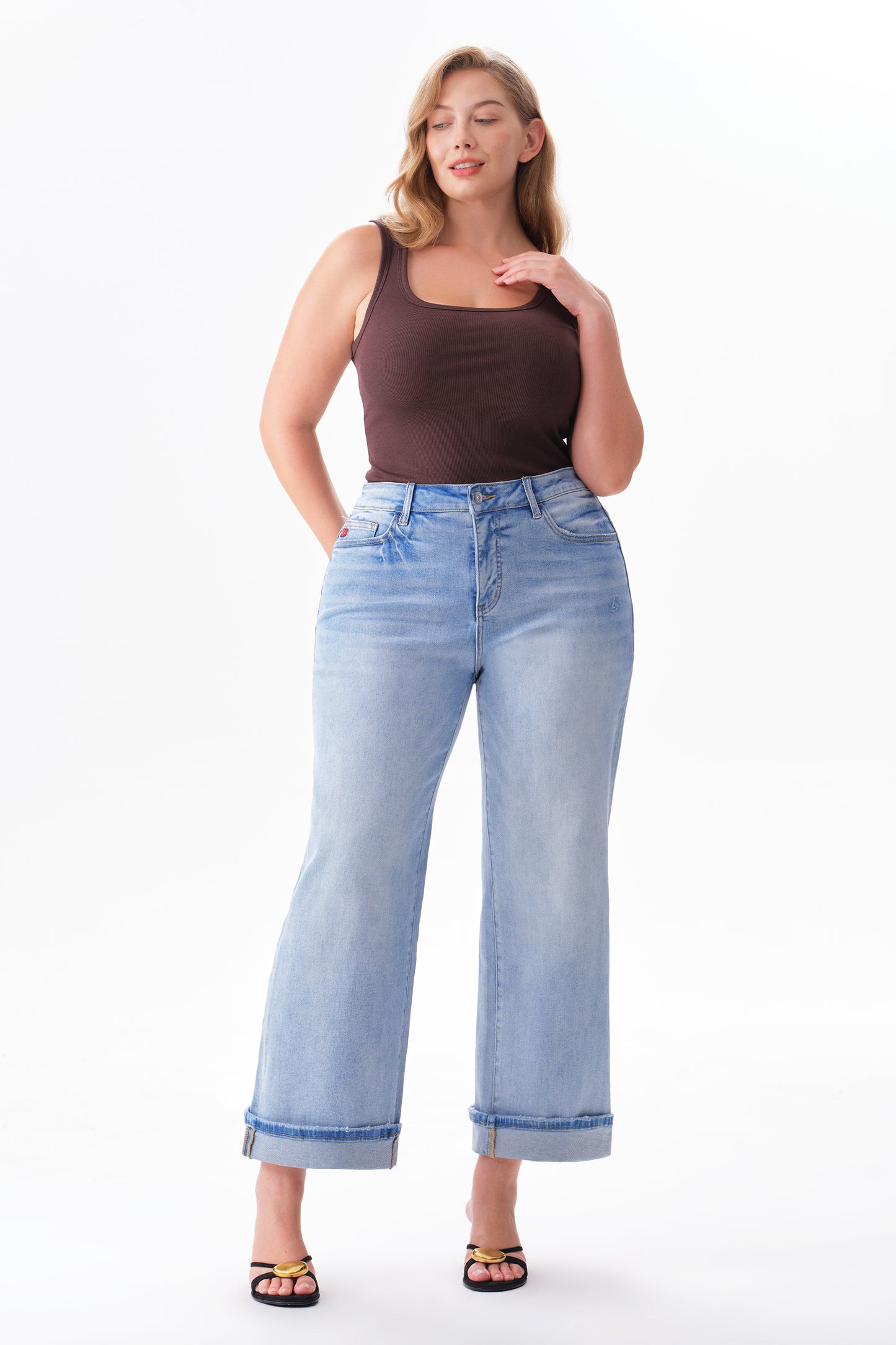 Plus High Rise Cuffed Wide Leg Cropped Jeans ESFW620802-P