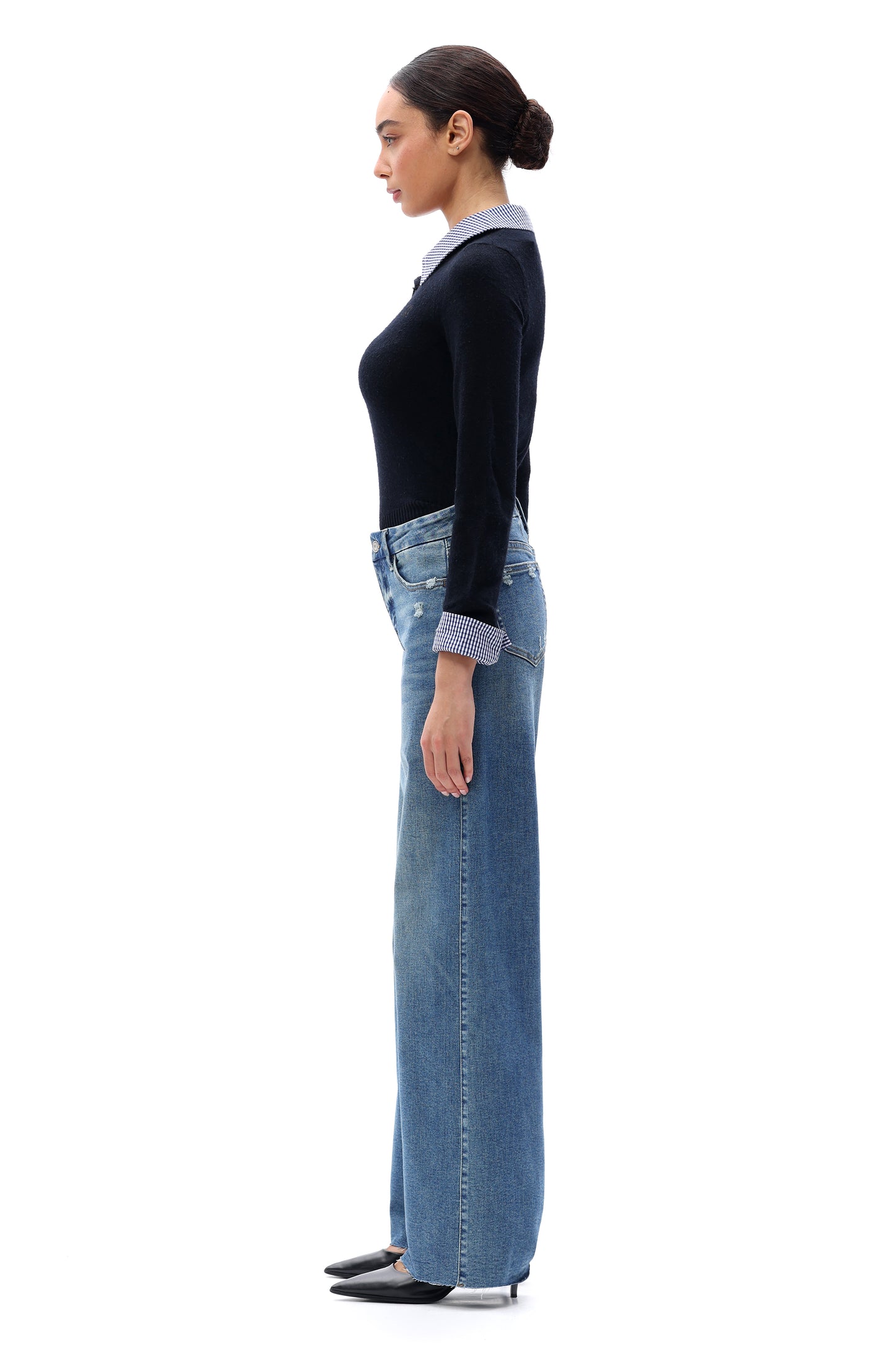 Mid Rise Wide Leg Jeans Raw Hem Vintage Denim OSW8019
