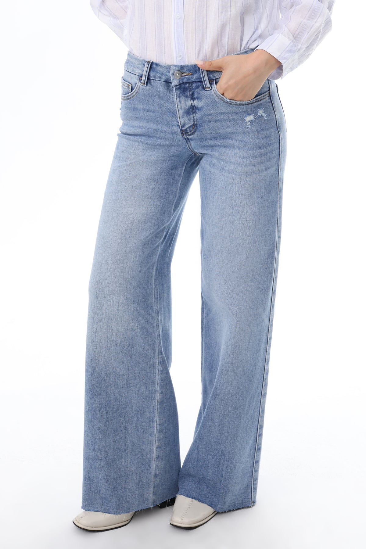 Mid Rise Wide Leg Jeans Raw Hem Vintage Denim OSW8019