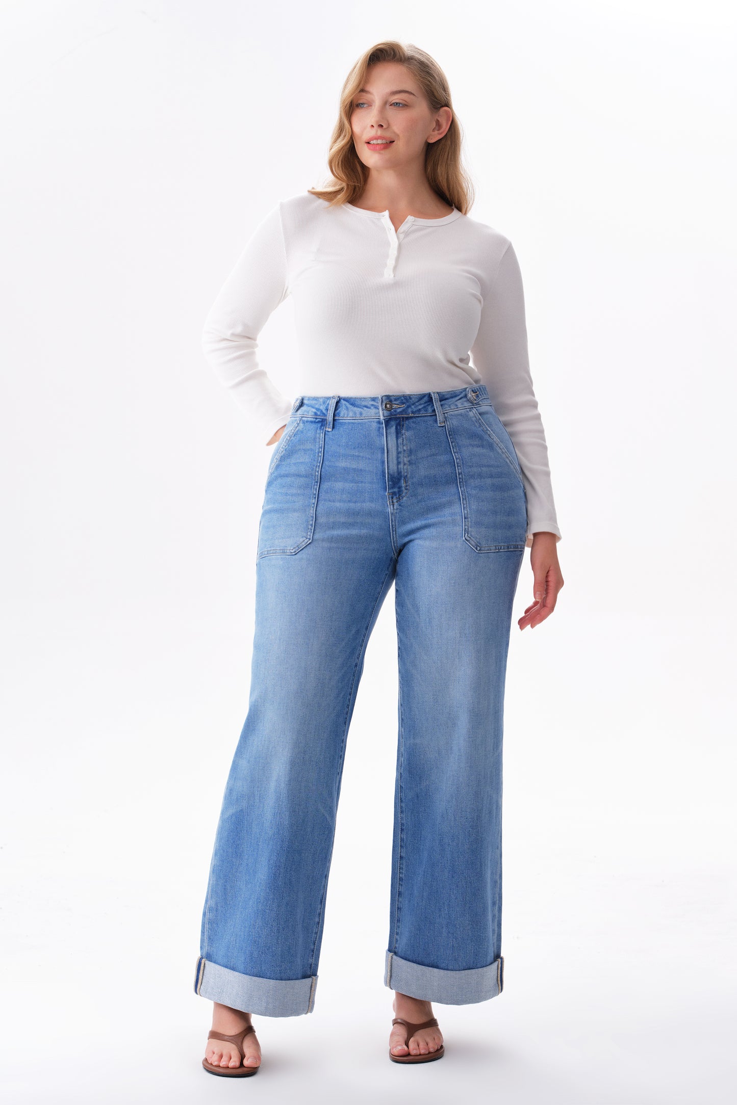 Plus Mid High Rise Cuffed Baggy Wide Leg Full Jeans ESFW620839-P