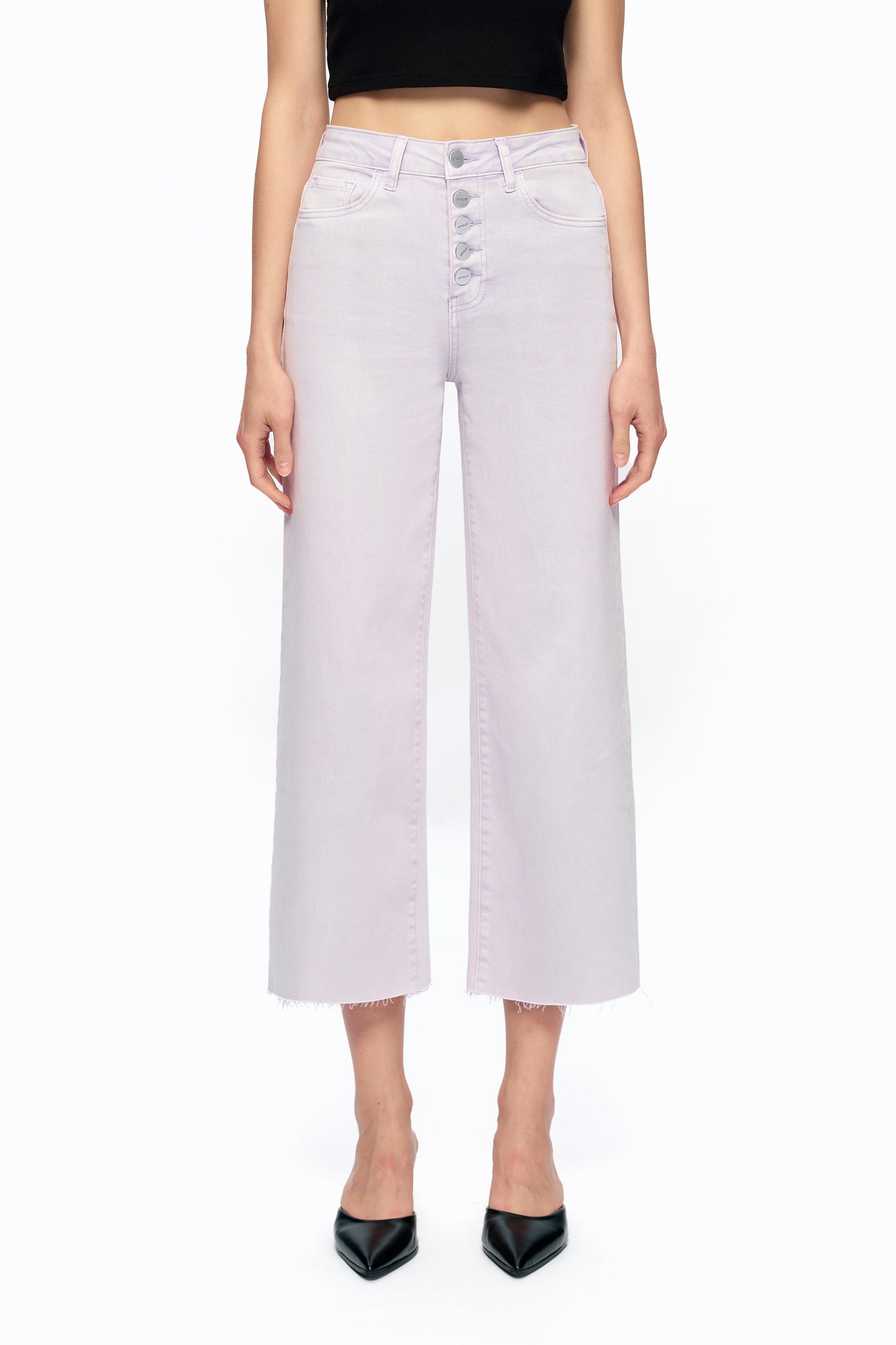 Cropped High Rise Wide Leg Jeans with Button-Fly Raw Hem OSN003