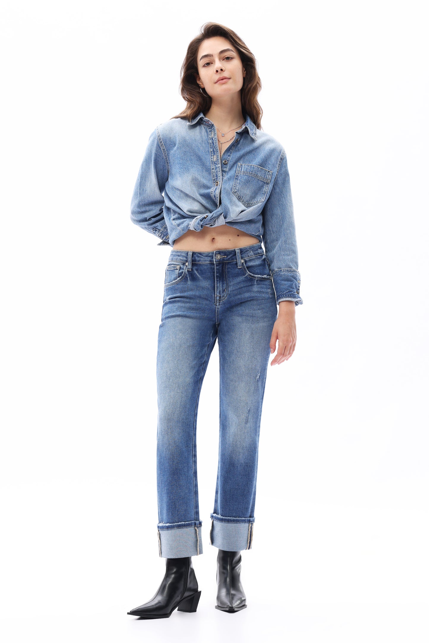 MID RISE CUFFED STRAIGHT DENIM JEANS OST5025 MDEIUM BLUE