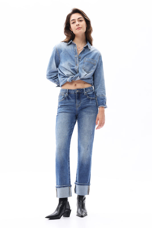 MID RISE CUFFED STRAIGHT DENIM JEANS OST5025 MDEIUM BLUE