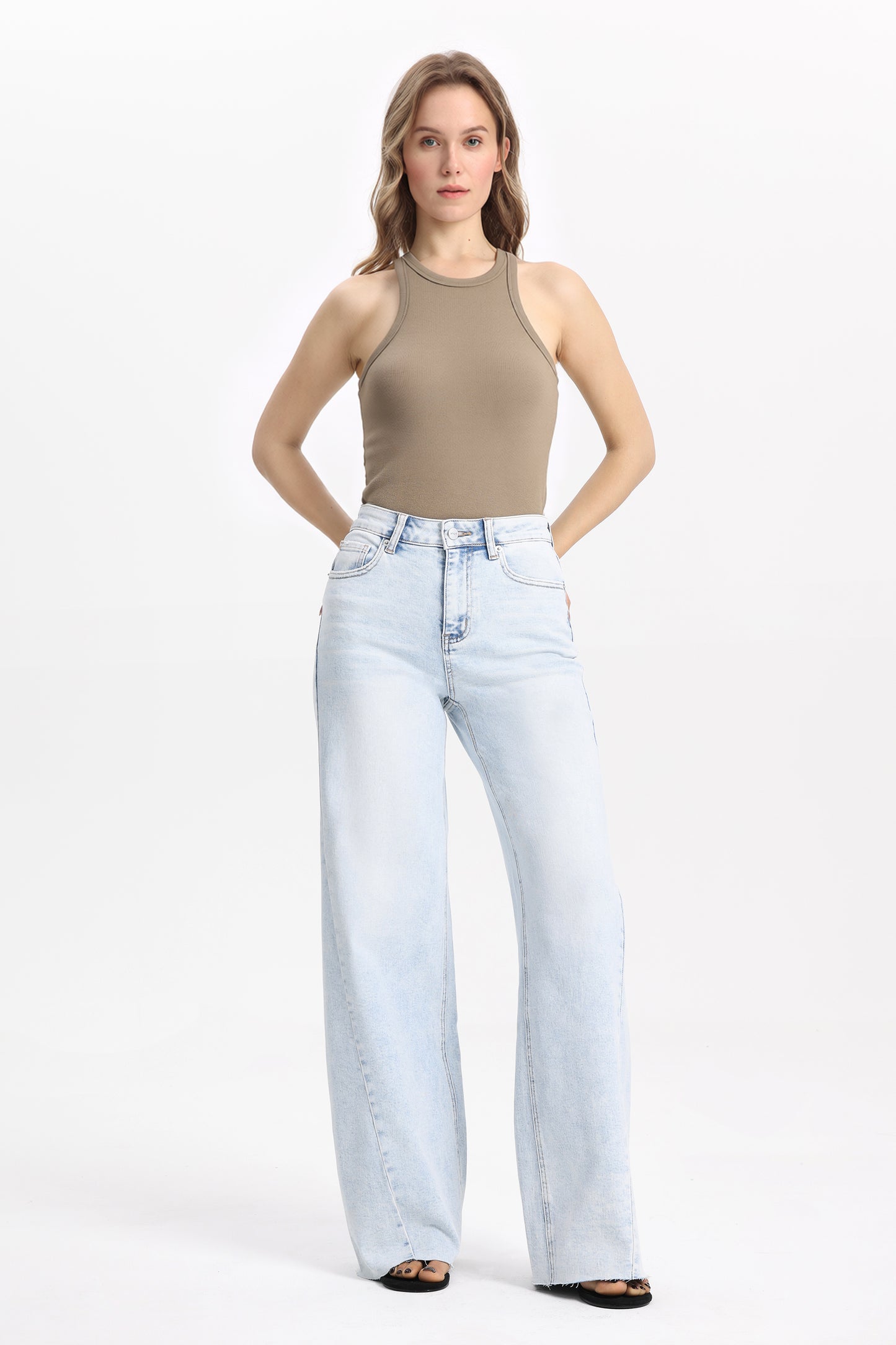 Flattering Soft Faded Wash High Rise Wide Leg Denim Jeans OSW8185
