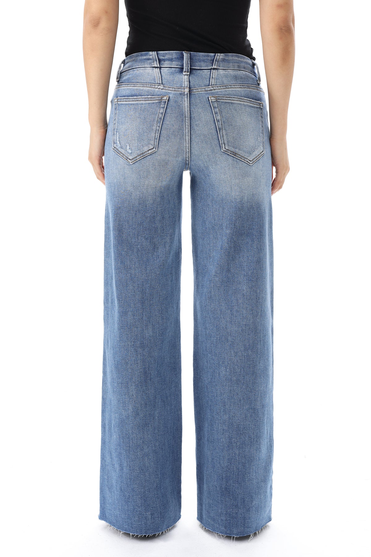Mid Rise Wide Leg Jeans Raw Hem Vintage Denim OSW8019