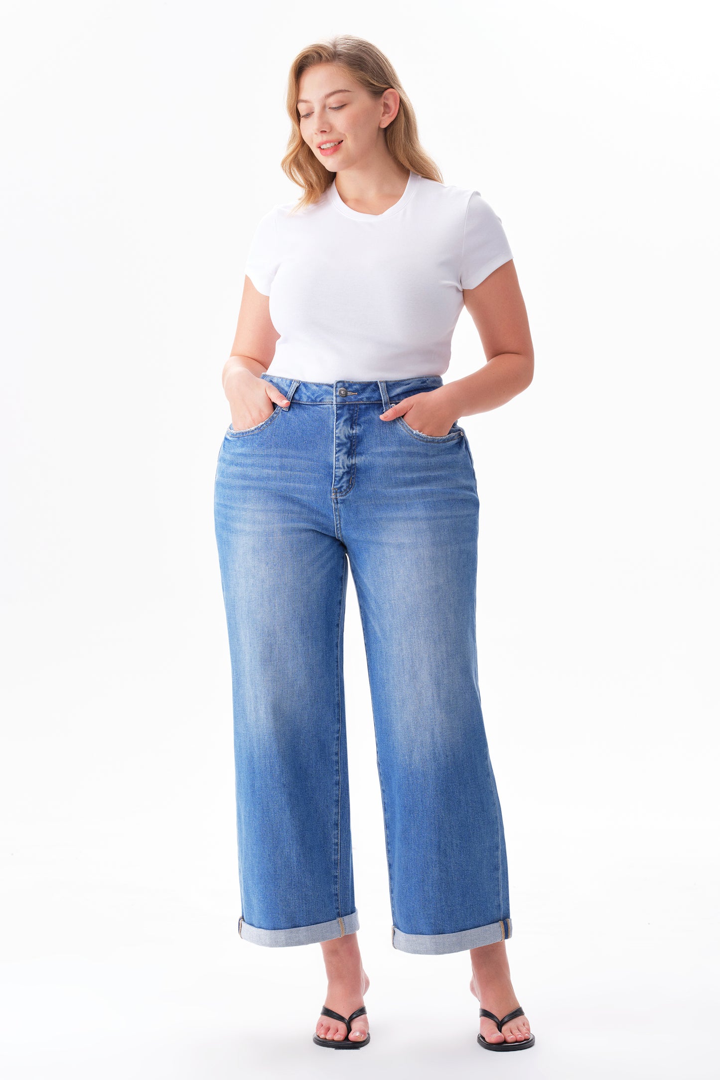 Plus Mid High Rise Cuffed Wide Leg Ankle Jeans ESFW620808-P