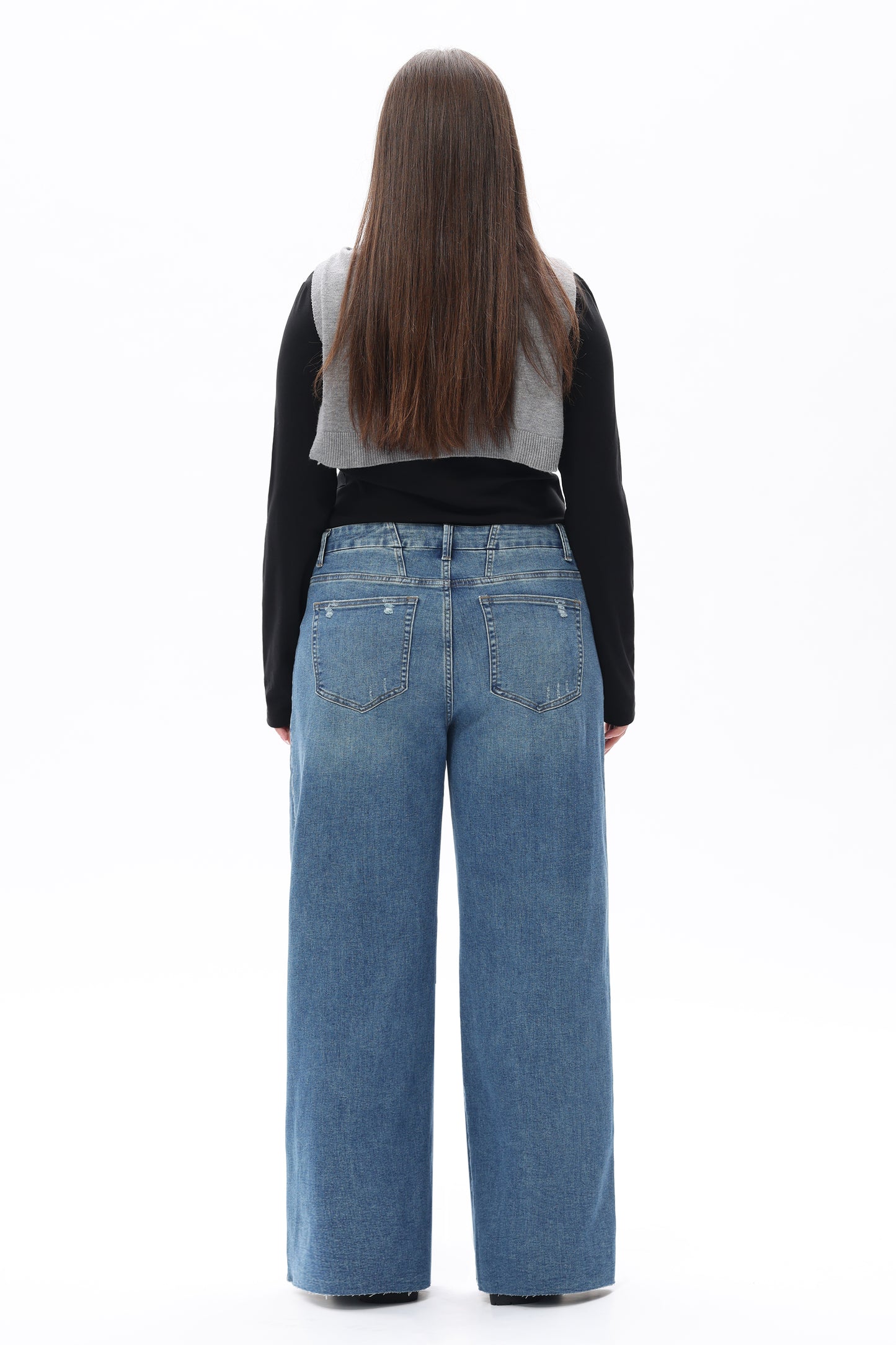 MID RISE WIDE LEG JEANS RAW HEM VINTAGE DENIM OSW8019-P