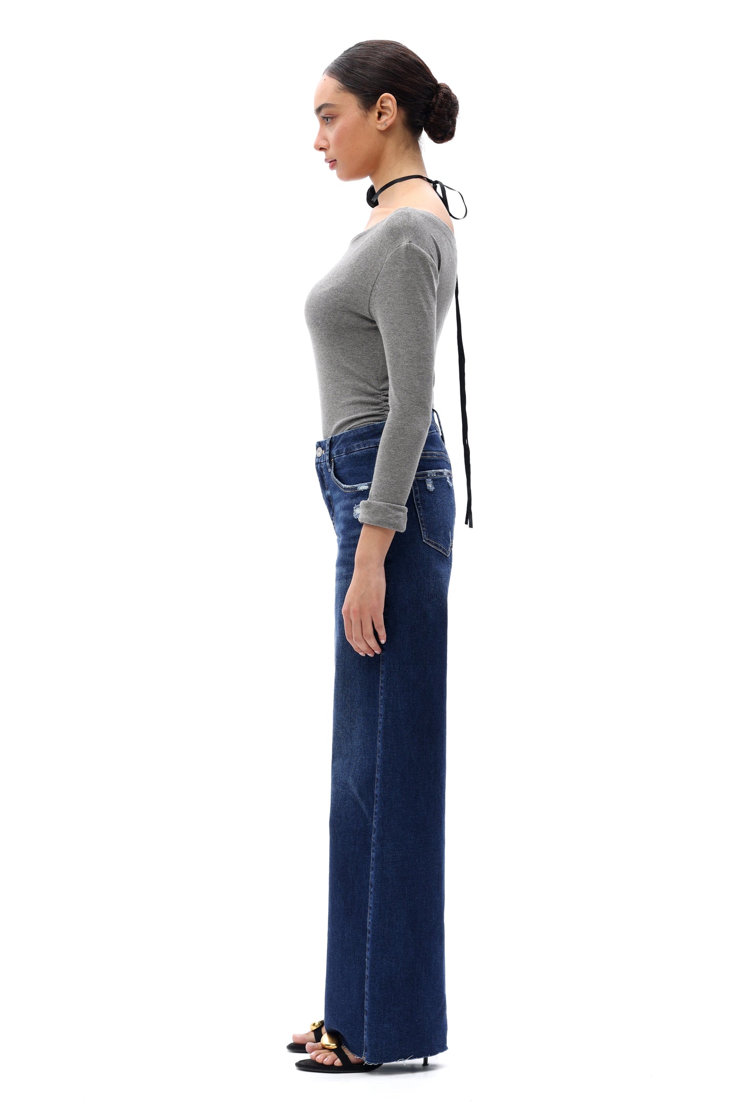 Mid Rise Wide Leg Jeans Raw Hem Vintage Denim OSW8019
