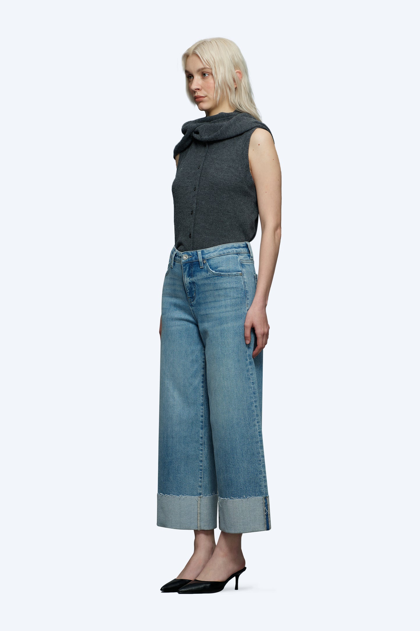 HIGH RISE ROLLED CUFF WIDE LEG DENIM JEANS OSW8009 BLUE