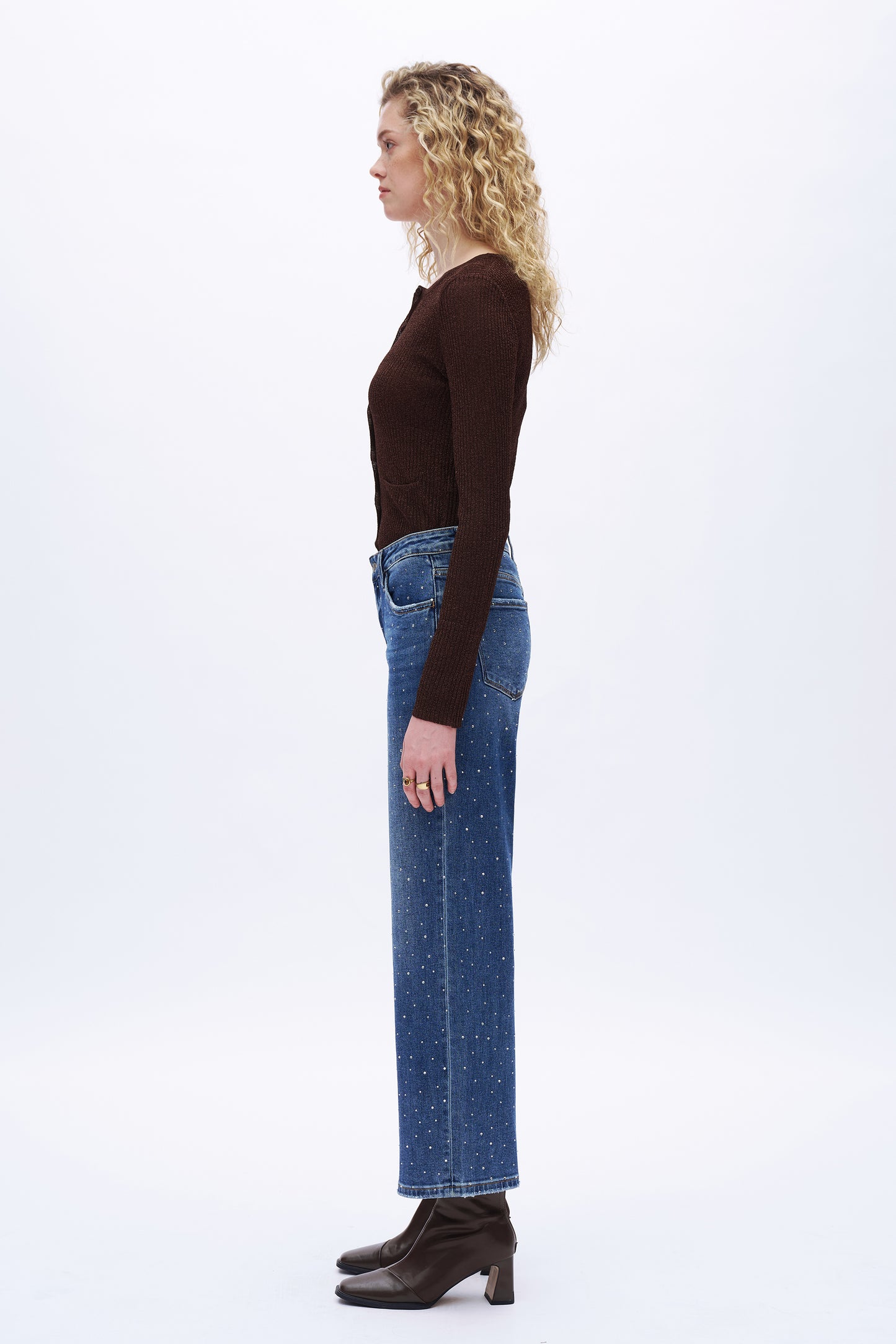High Rise Rhinestone Wide Leg Jeans OSWM8008