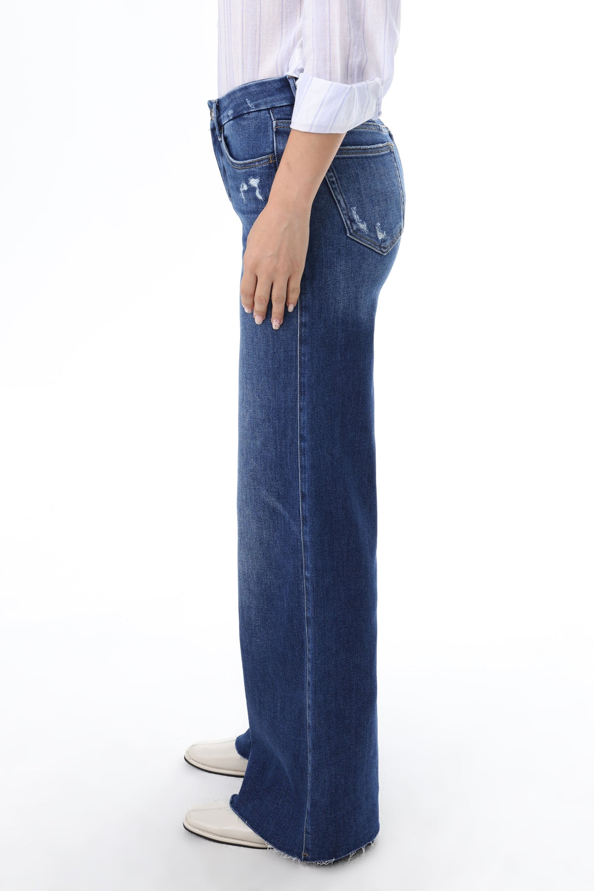 Mid Rise Wide Leg Jeans Raw Hem Vintage Denim OSW8019