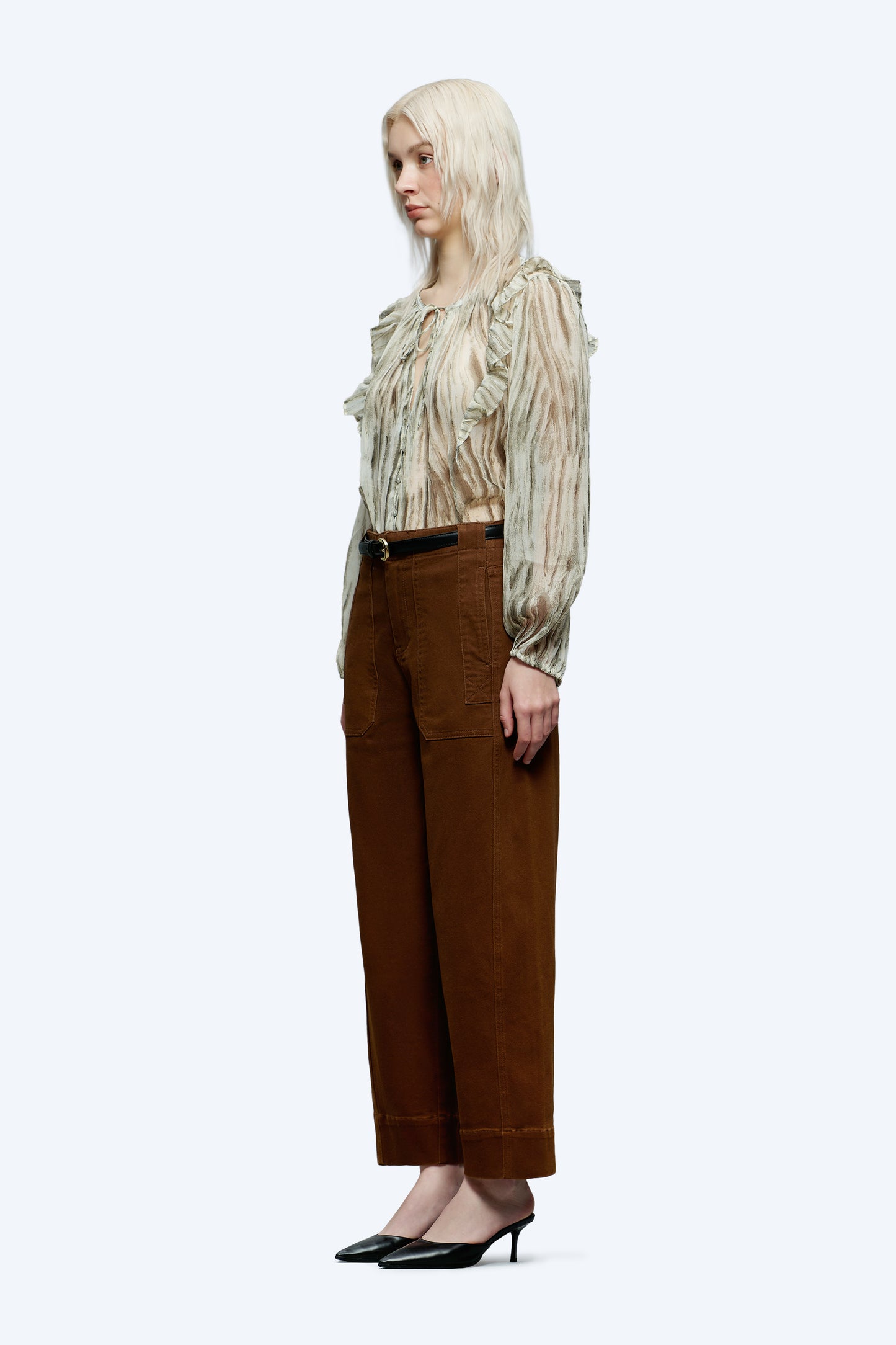 HIGH WAISTED BARREL LOOSE FIT PANTS WITH SIDE POCKET OSOX006 BROWN