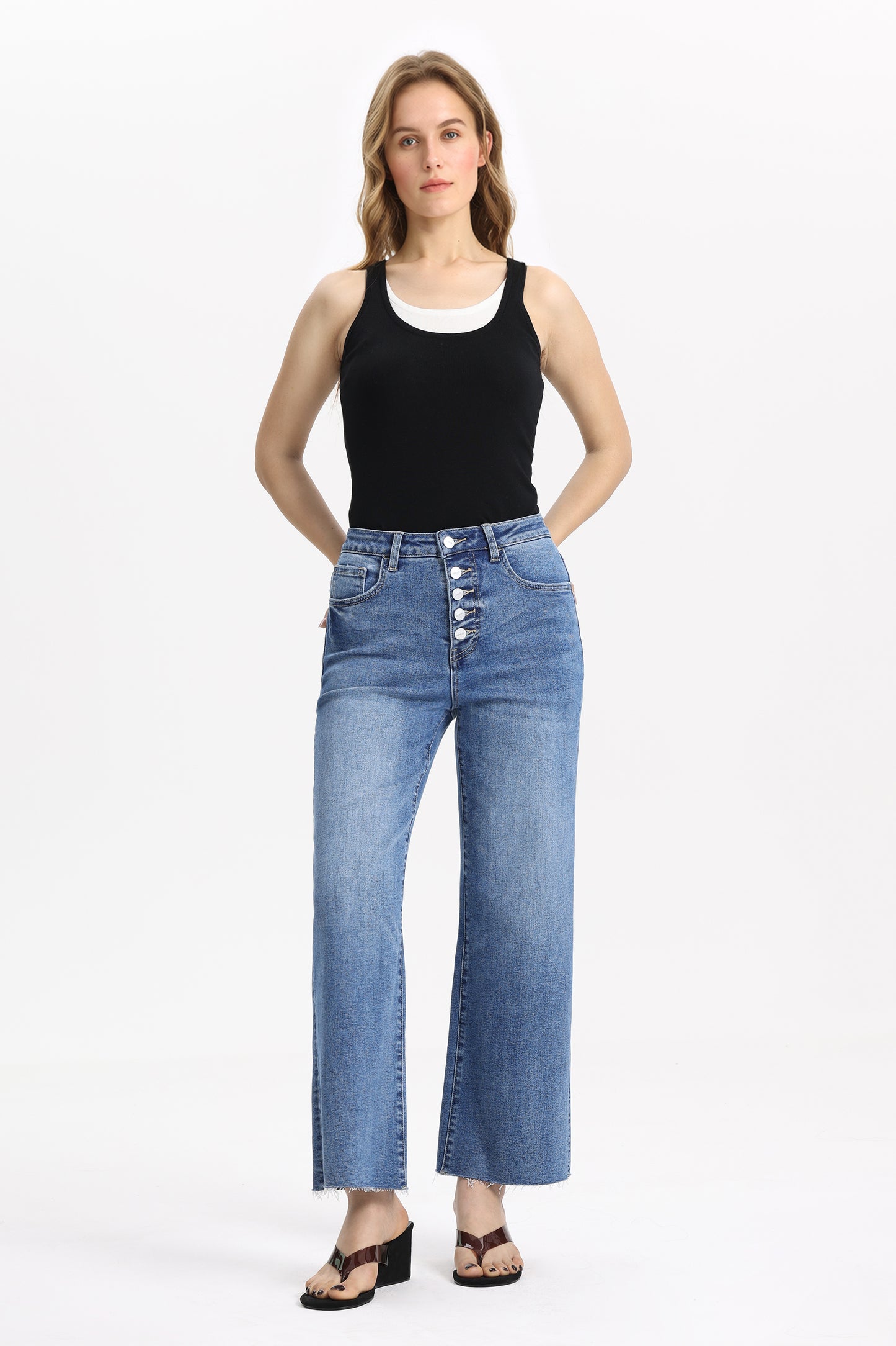 Cropped High Rise Wide Leg Jeans with Button-Fly Raw Hem OSN003