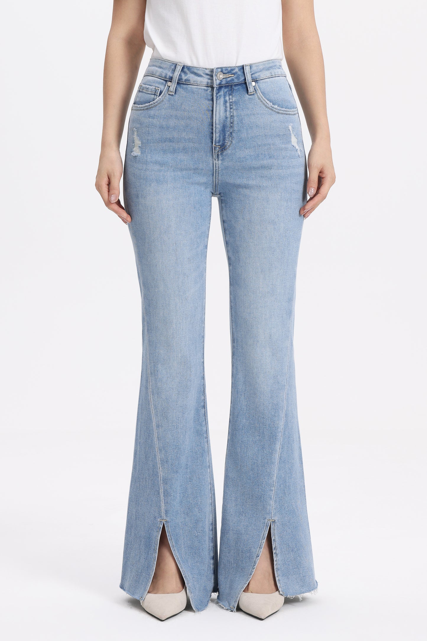 Front Hem Slit High Rise Flare Denim Jeans OSF1145EC