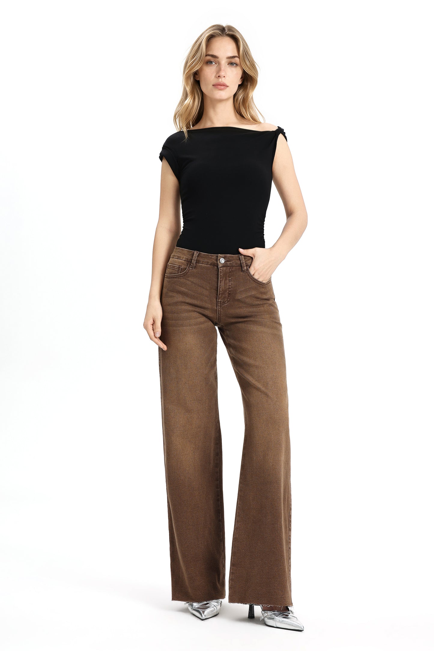Mid Rise Wide Leg Jeans Raw Hem Vintage Denim OSW8019