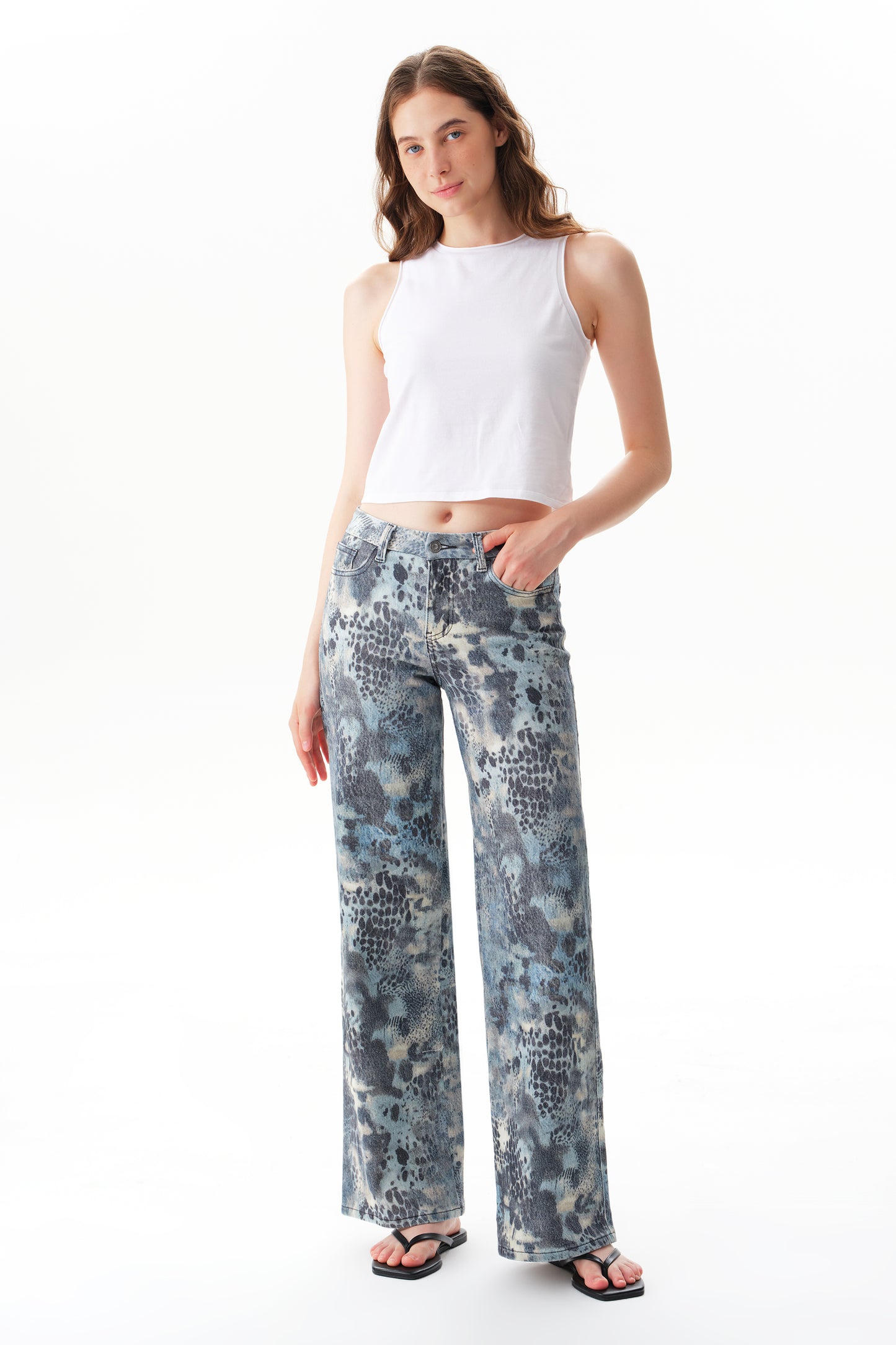 Mid Rise Wide Leg Jeans Raw Hem Vintage Denim OSW8019