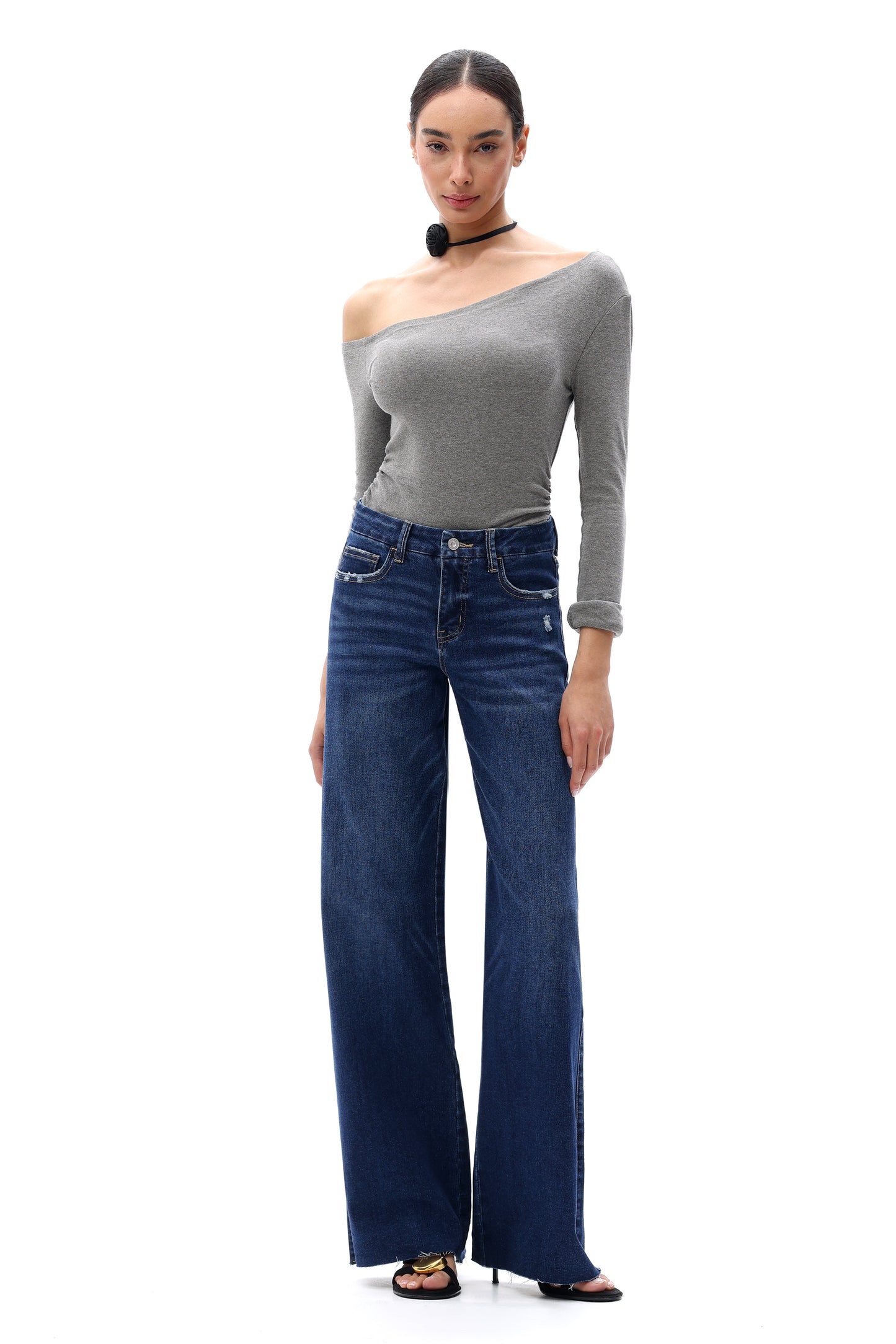 Mid Rise Wide Leg Jeans Raw Hem Vintage Denim OSW8019