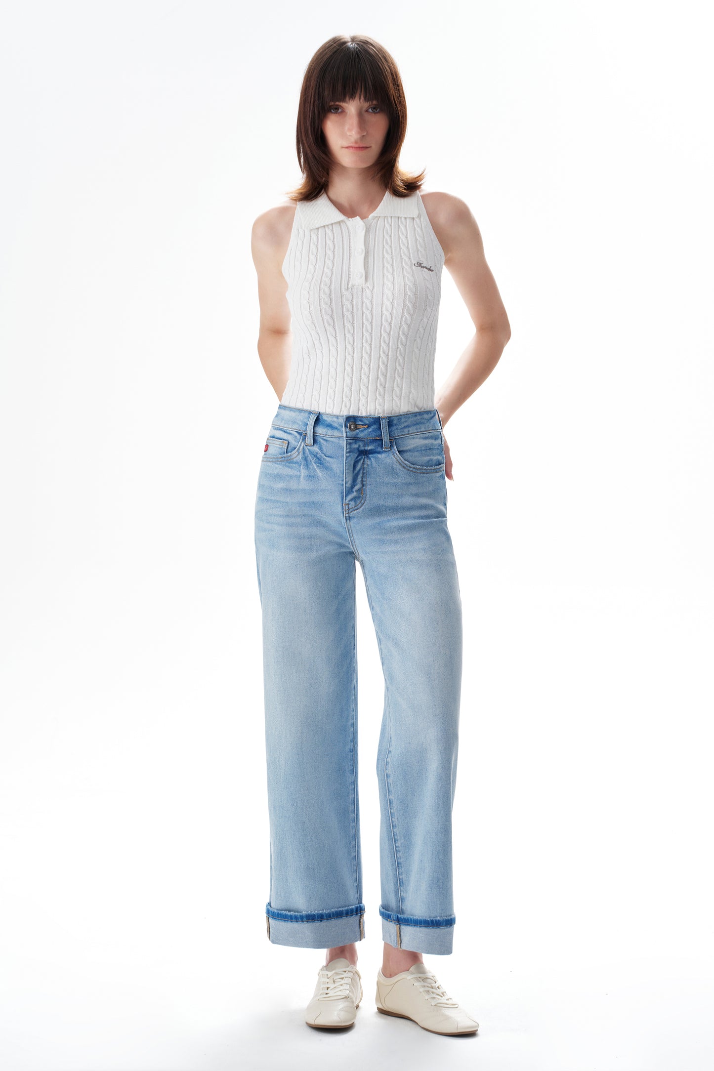 High Rise Cuffed Wide Leg Cropped Jeans ESFW620802