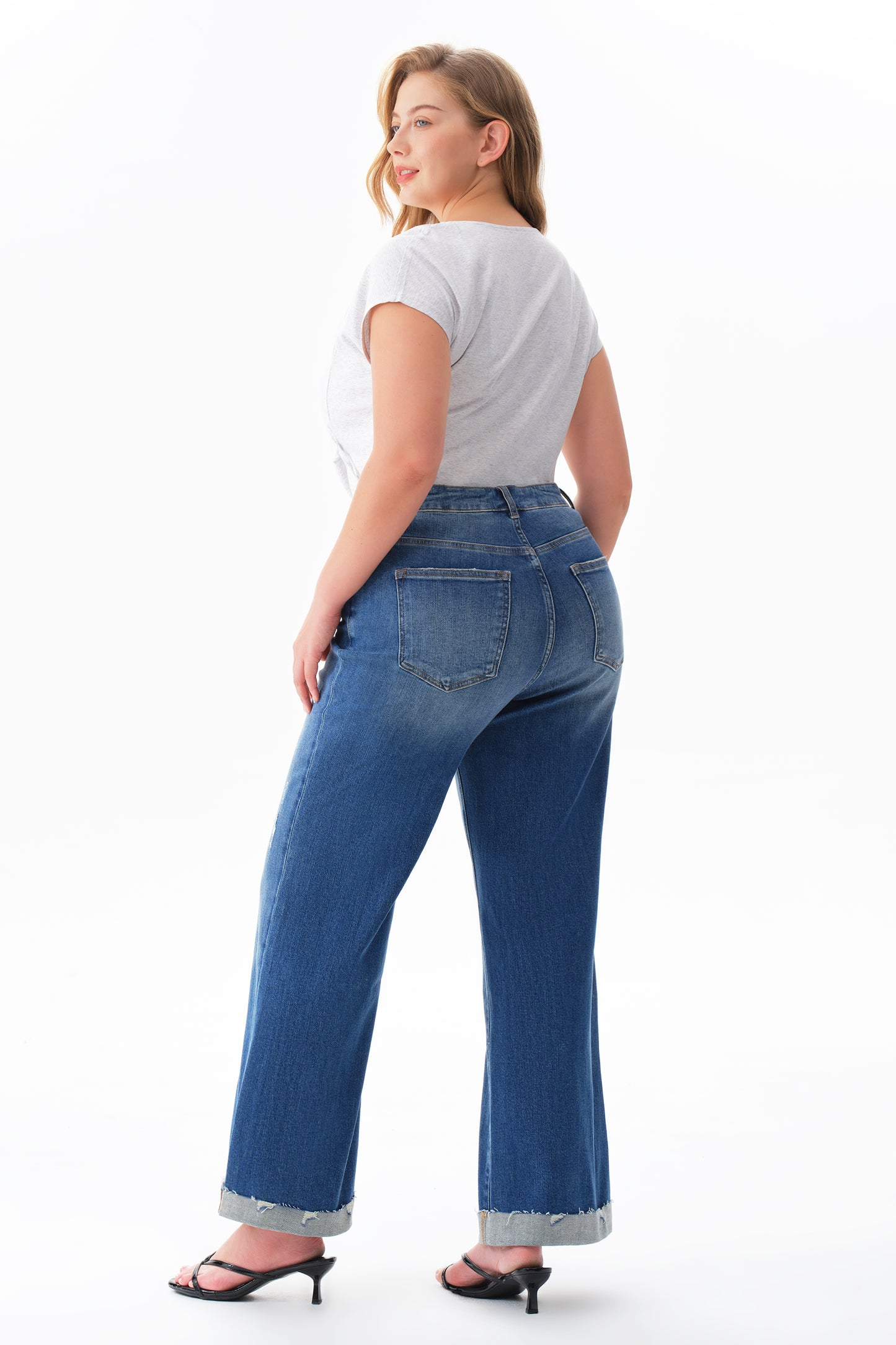 Plus Mid High Rise Cuffed Flared Wide Leg Ankle Jeans ESFW620803-P