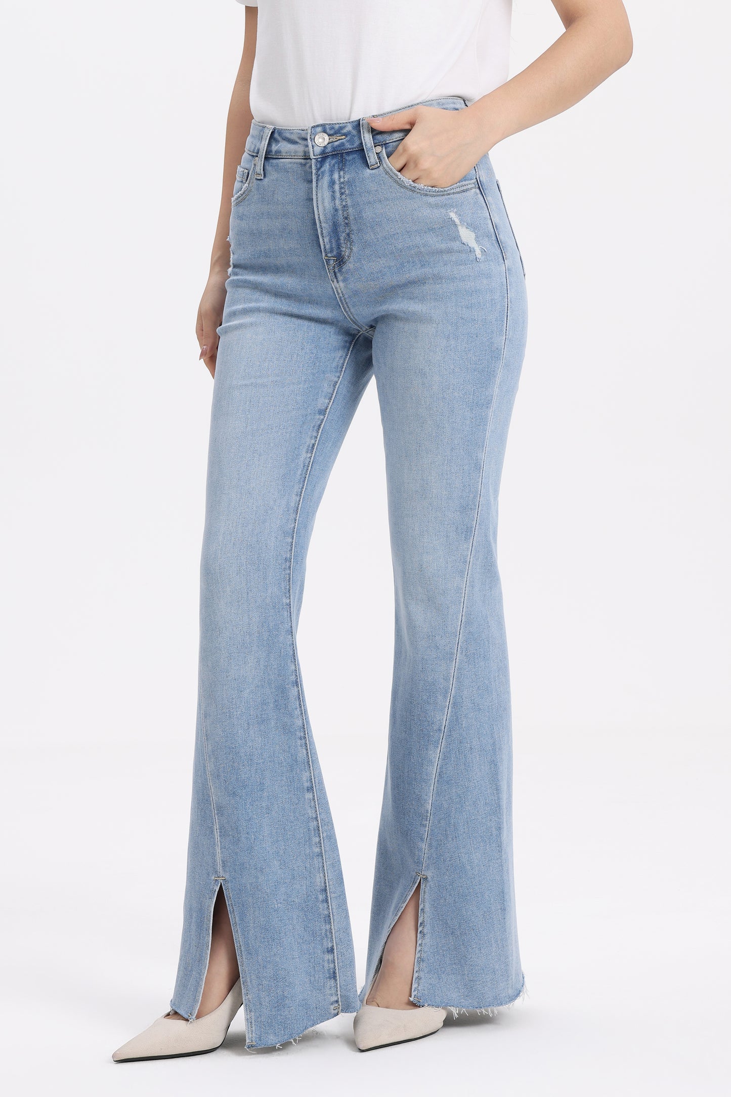 Front Hem Slit High Rise Flare Denim Jeans OSF1145EC
