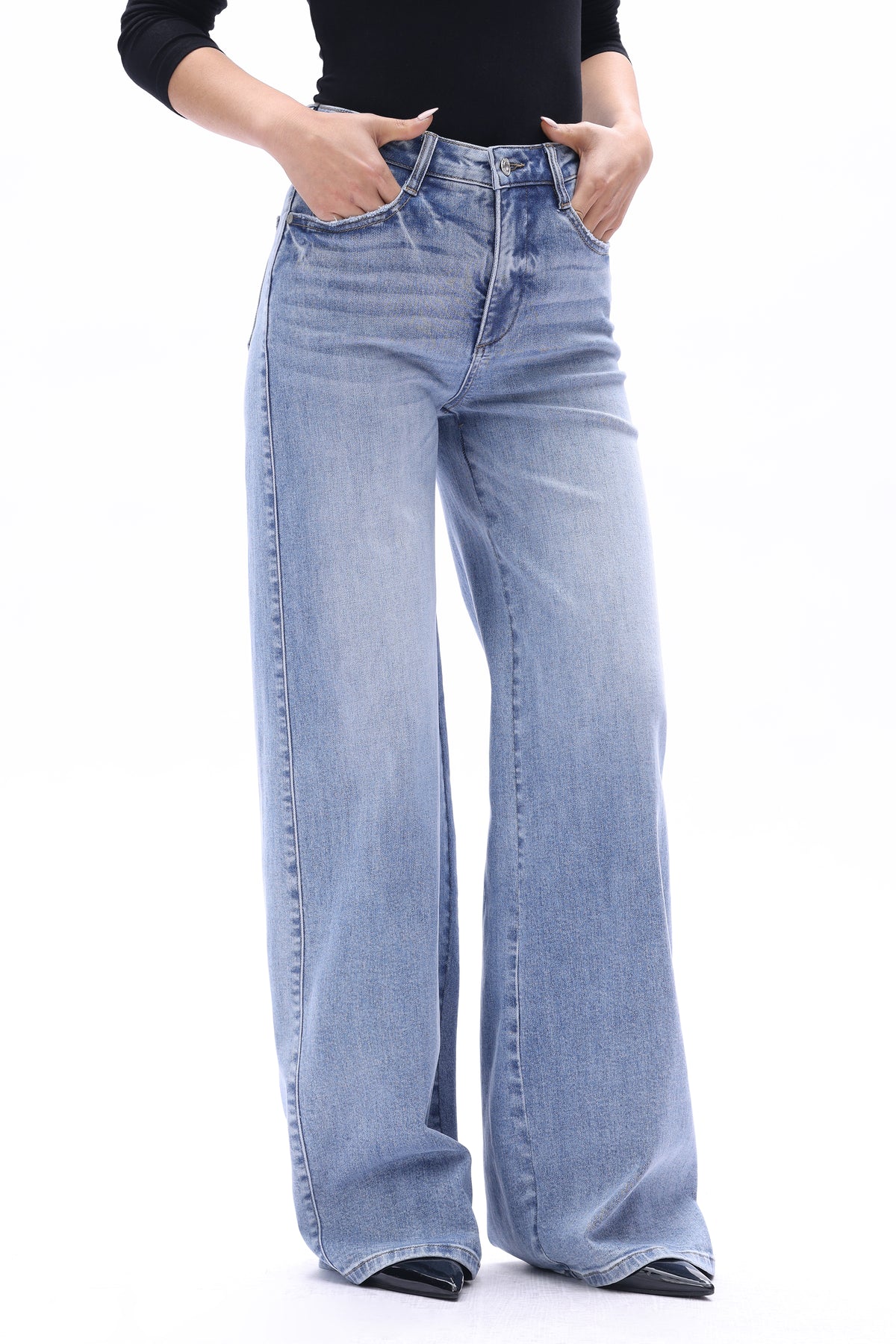 Plus Size Mid High Rise Flared Wide Leg Tall Jeans ESFW640827-P