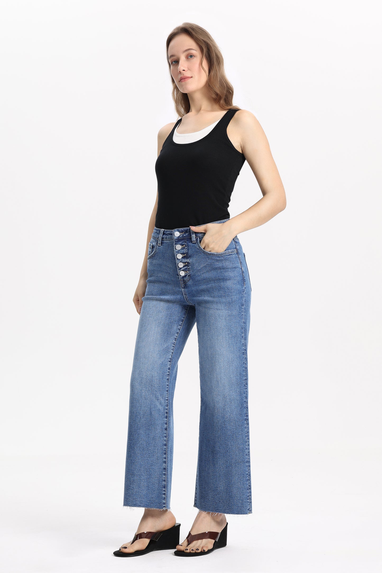 Cropped High Rise Wide Leg Jeans with Button-Fly Raw Hem OSN003