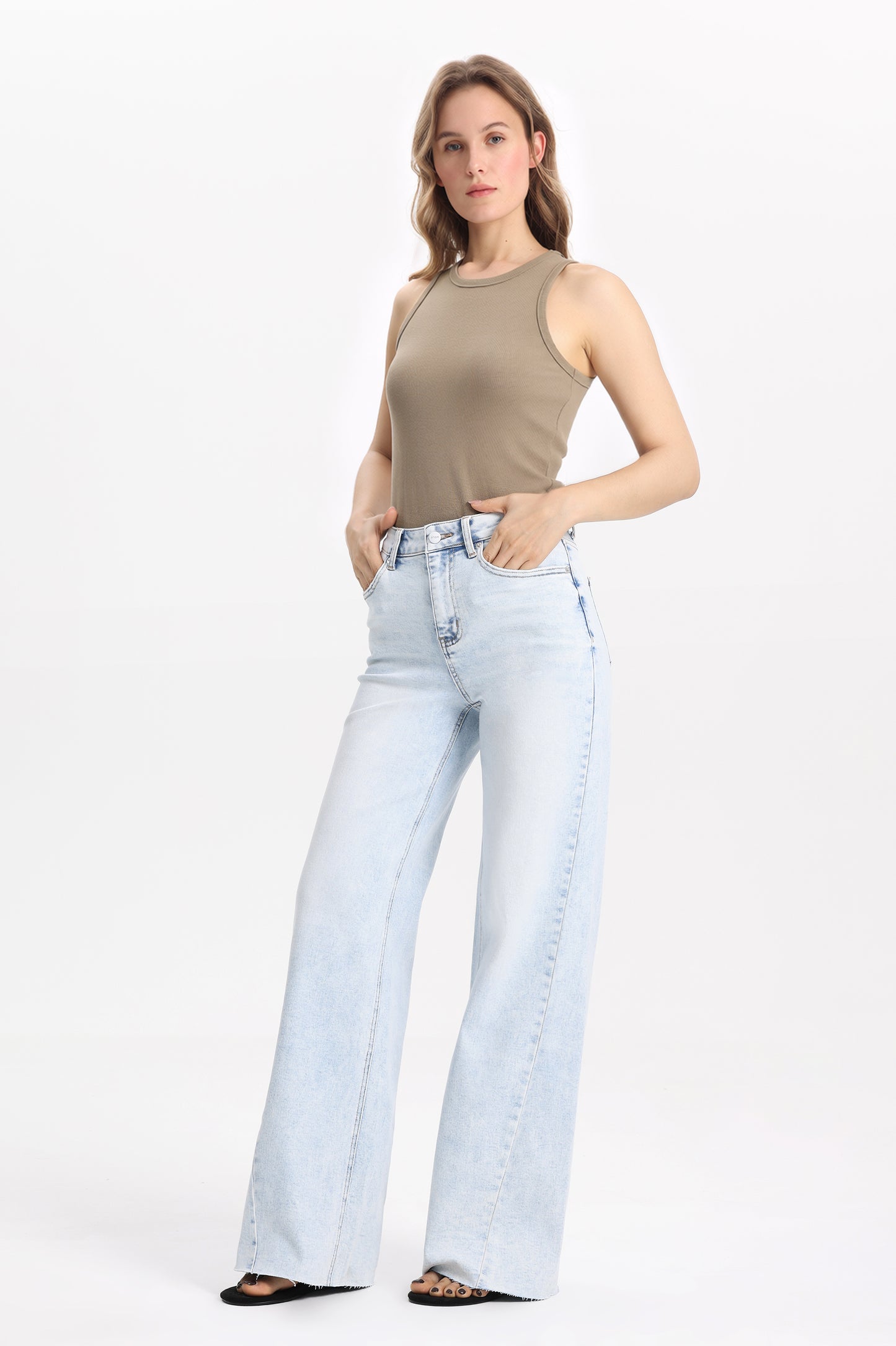 Flattering Soft Faded Wash High Rise Wide Leg Denim Jeans OSW8185
