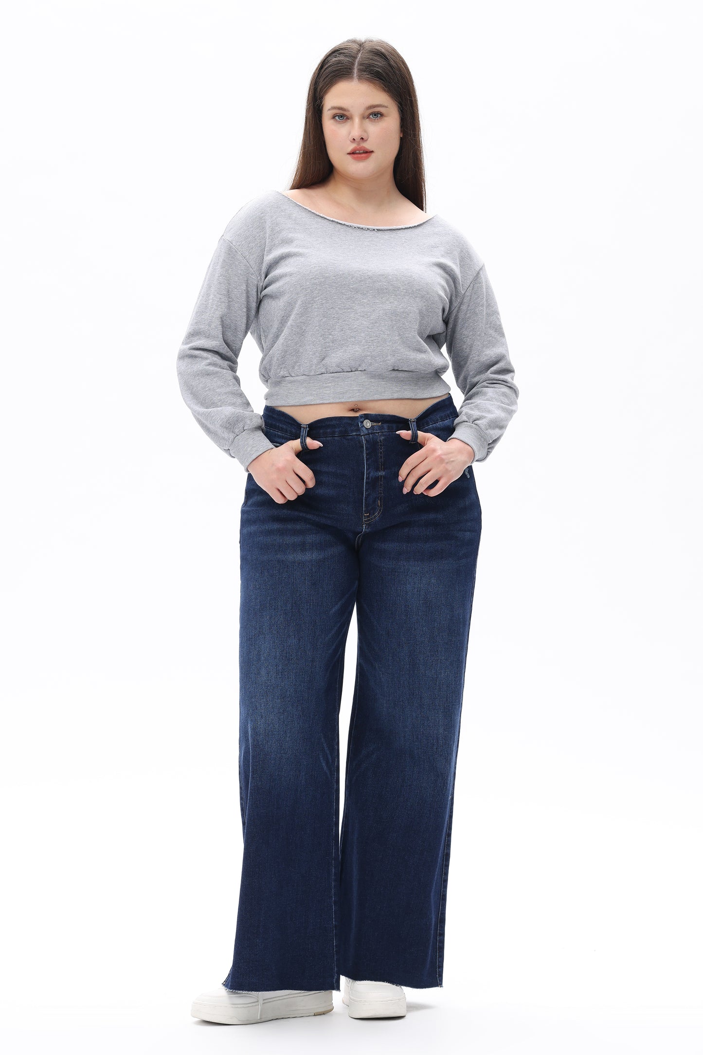 MID RISE WIDE LEG JEANS RAW HEM VINTAGE DENIM OSW8019-P