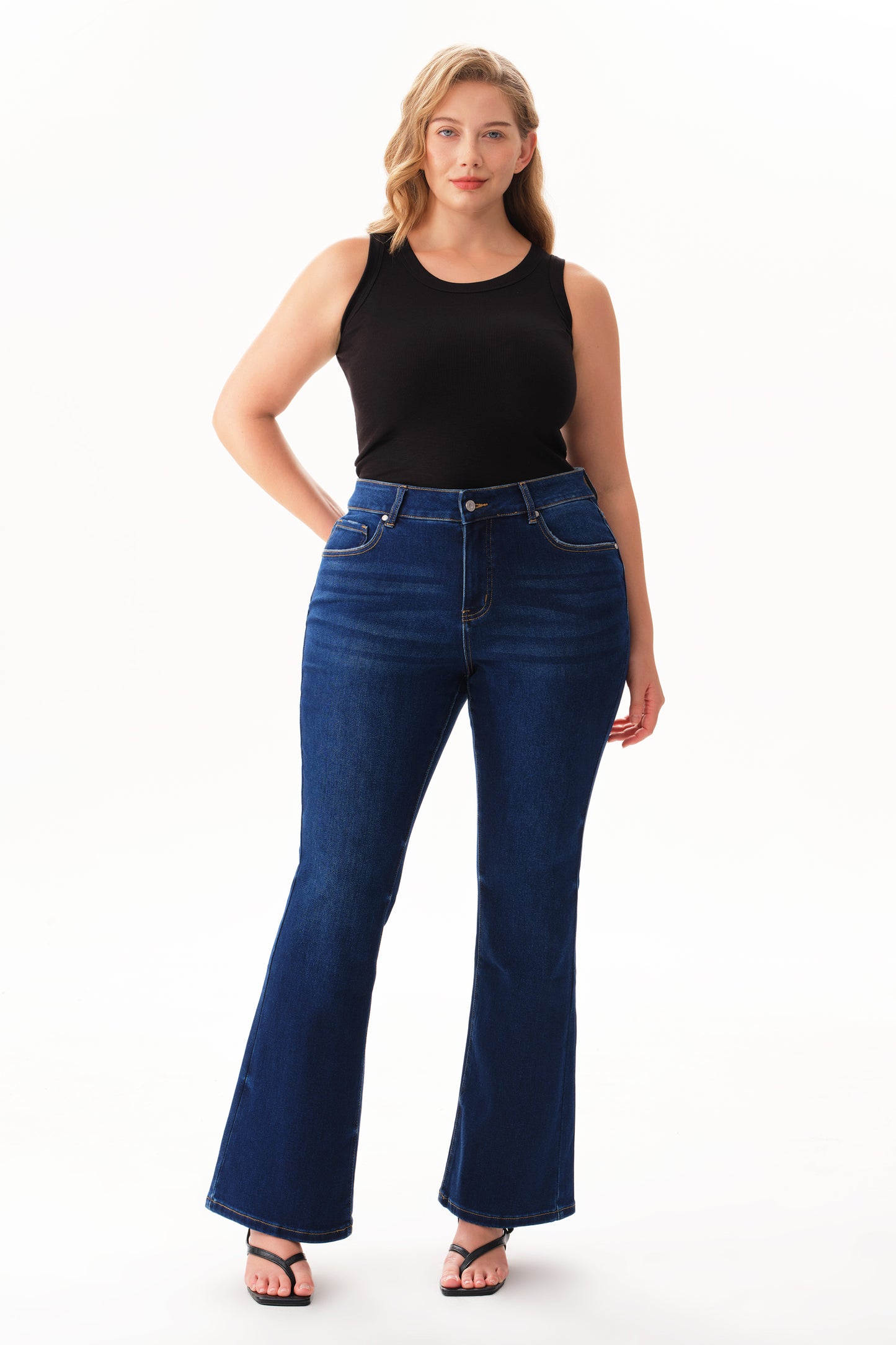Plus Szie Flattering Mid Rise Flare Denim Jeans OSF1148EC-P