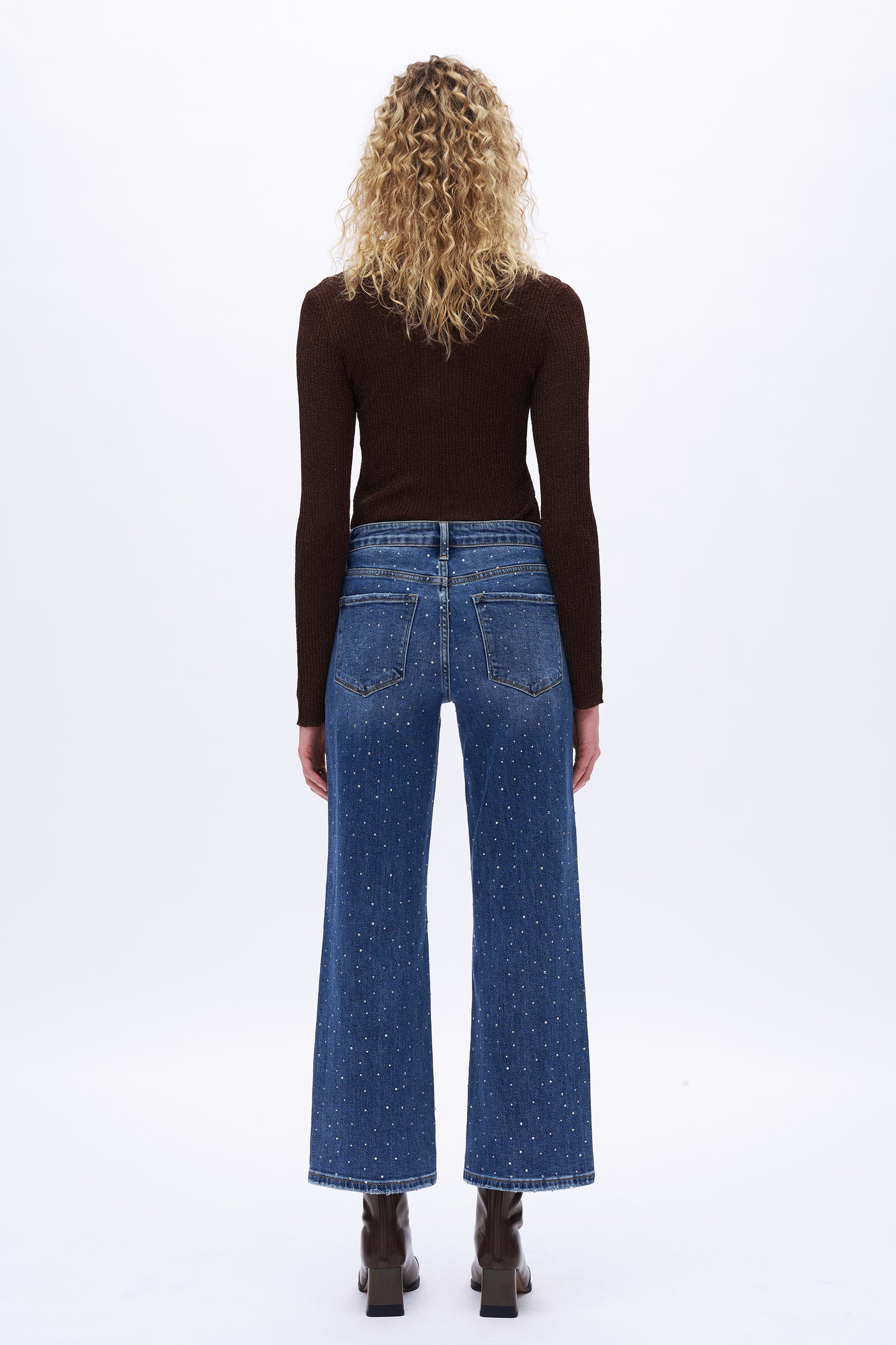 High Rise Rhinestone Wide Leg Jeans OSWM8008
