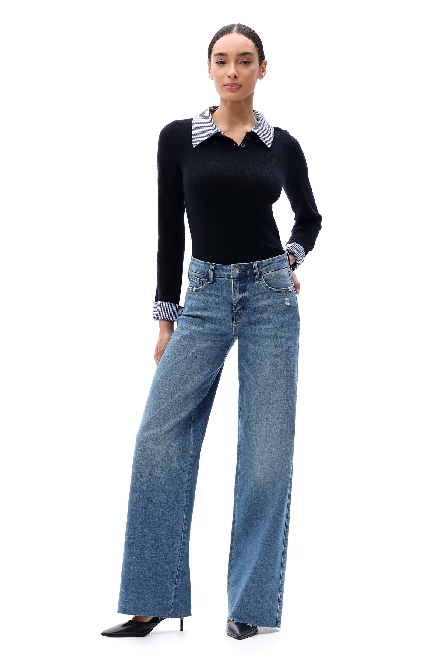Mid Rise Wide Leg Jeans Raw Hem Vintage Denim OSW8019