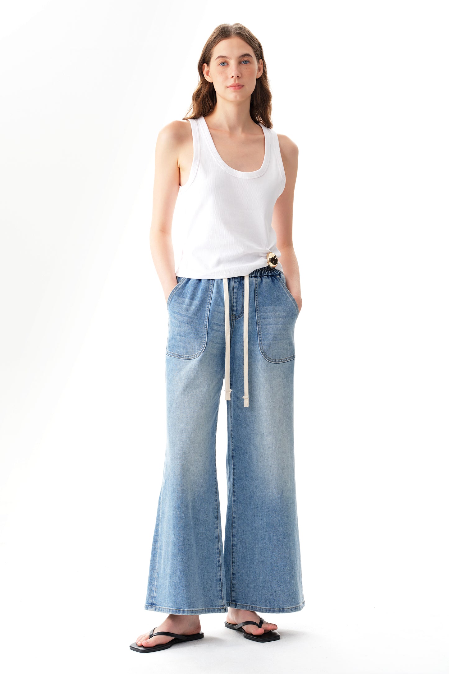 High Rise Drawstring Wide Leg Denim Jeans OSGG001