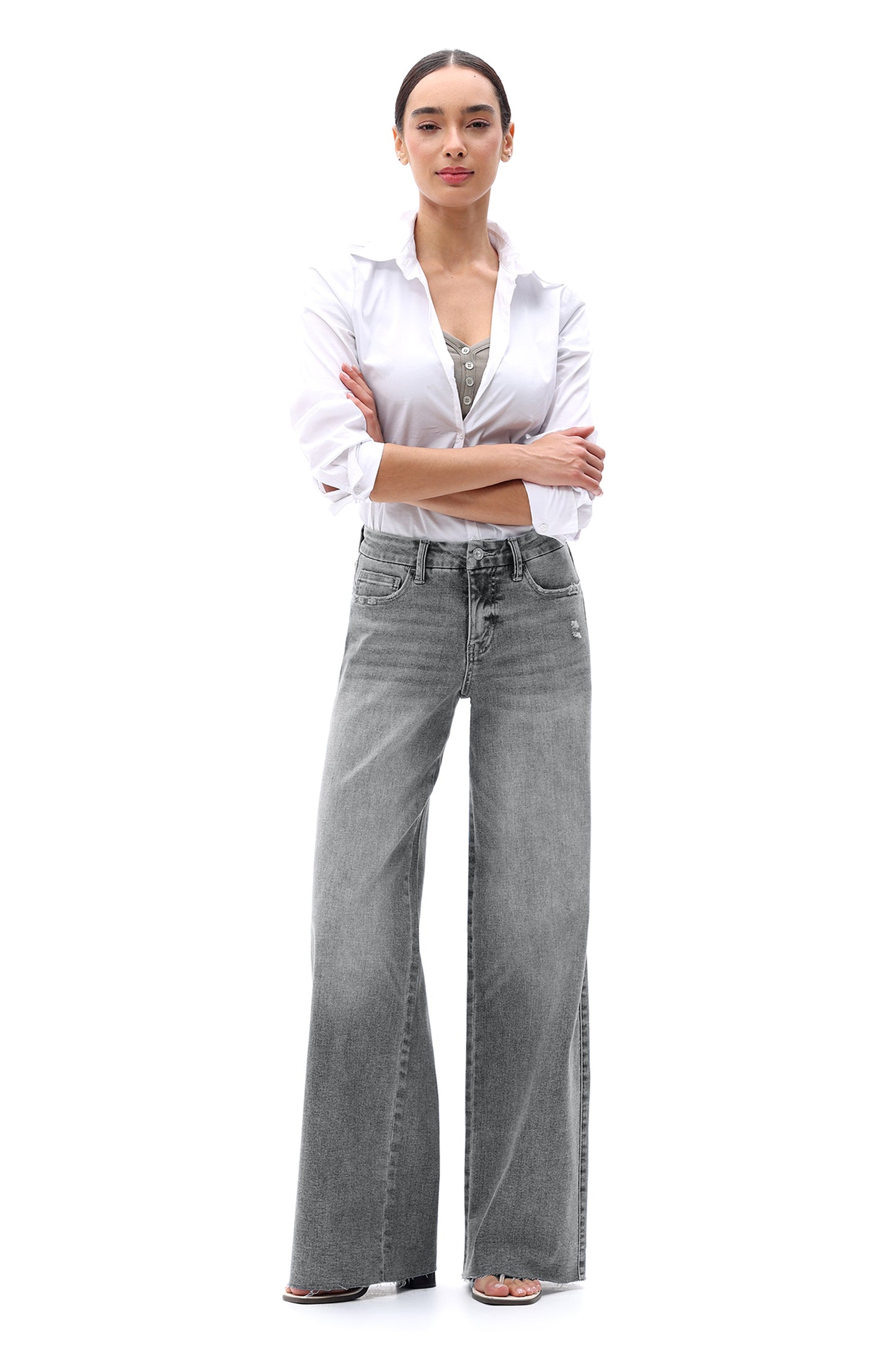 Mid Rise Wide Leg Jeans Raw Hem Vintage Denim OSW8019