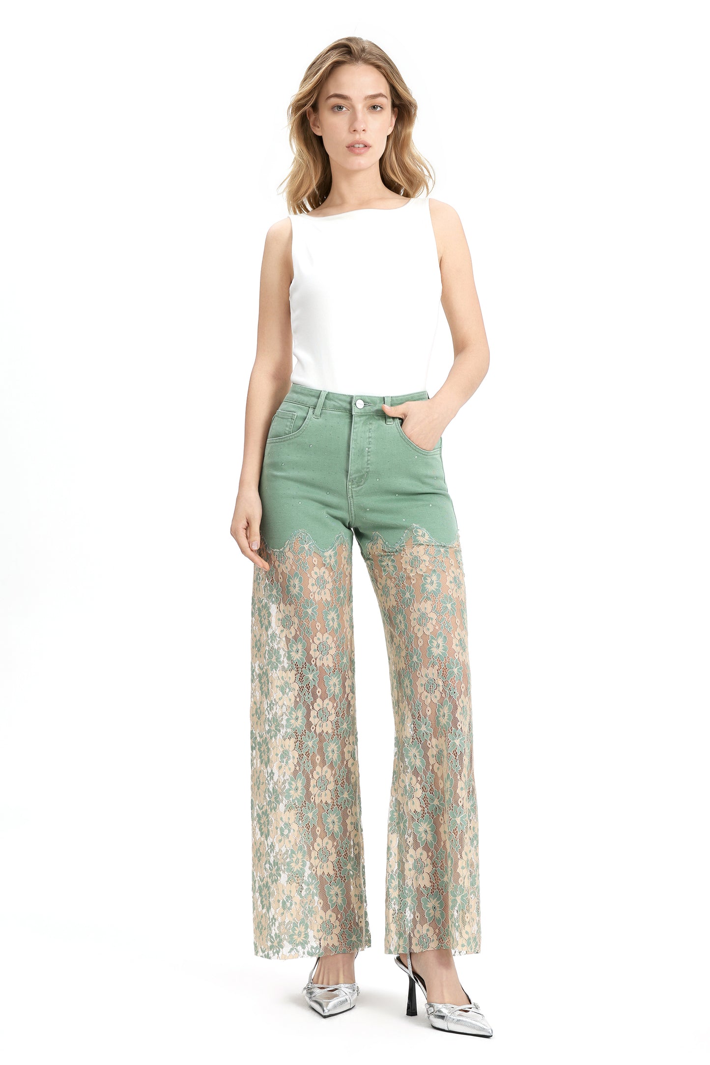 High Rise Lace Pants with Rhinestone OSW8027
