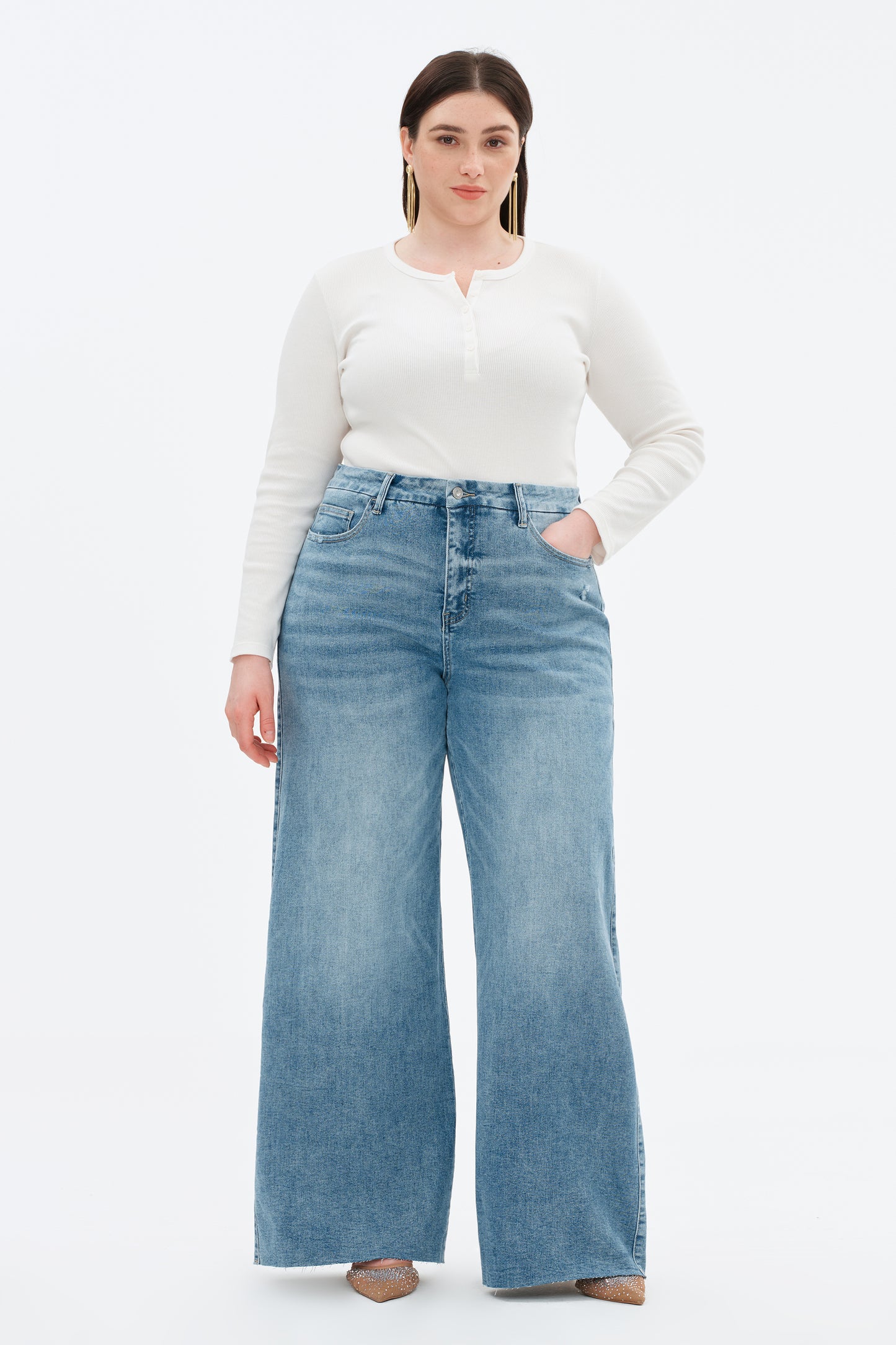 Plus Size Mid Rise Wide Leg Jeans Raw Hem Vintage OSW8019-P