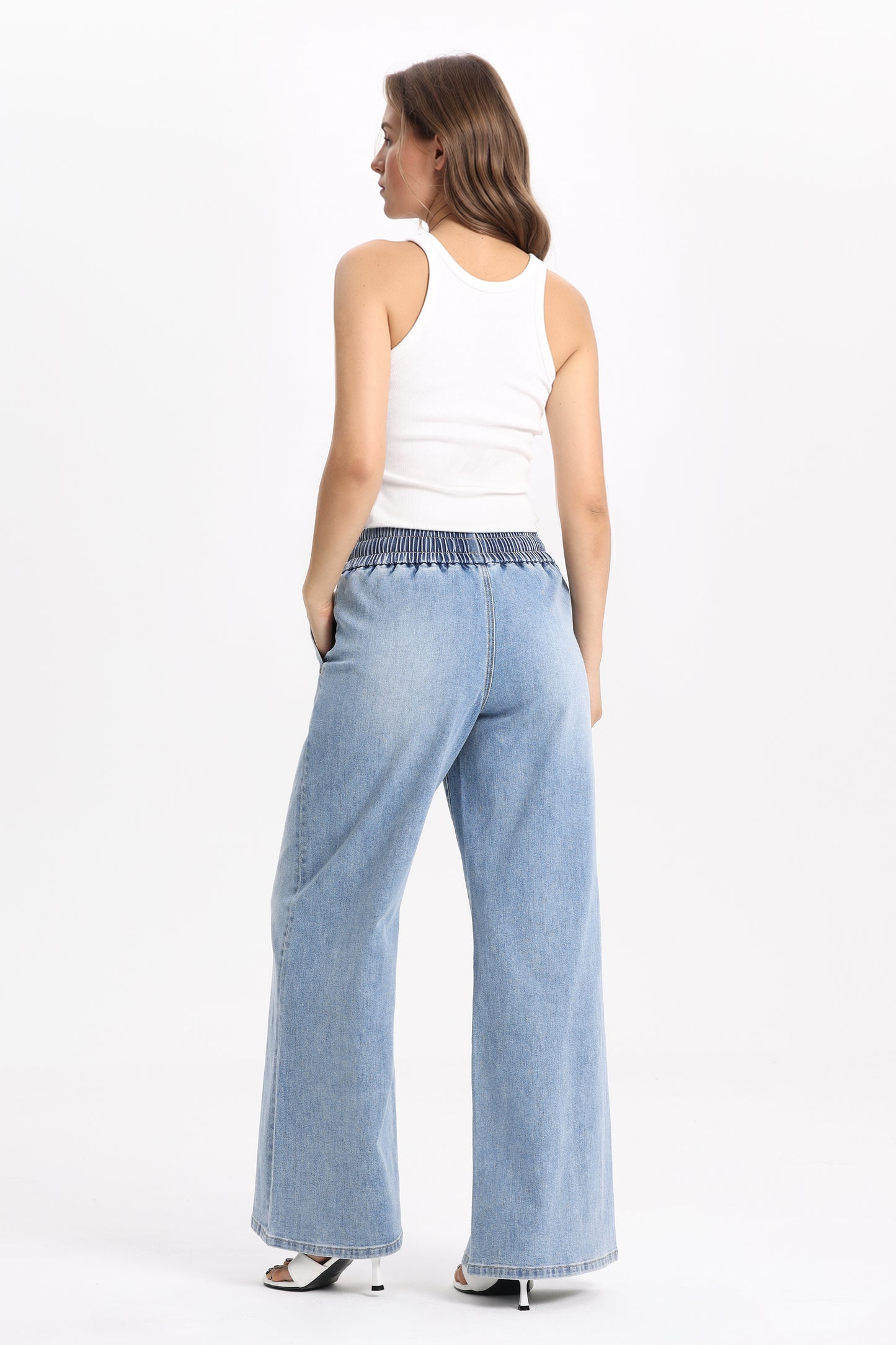 High Rise Drawstring Wide Leg Denim Jeans OSGG001