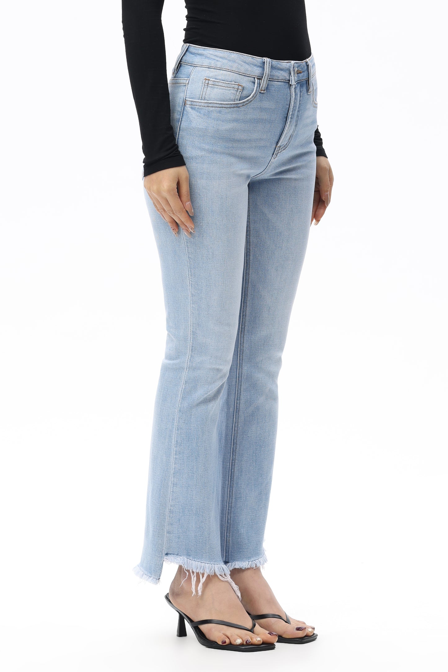Mid Rise Raw Frayed Hem Ankle Bootcut Jeans OSF1142