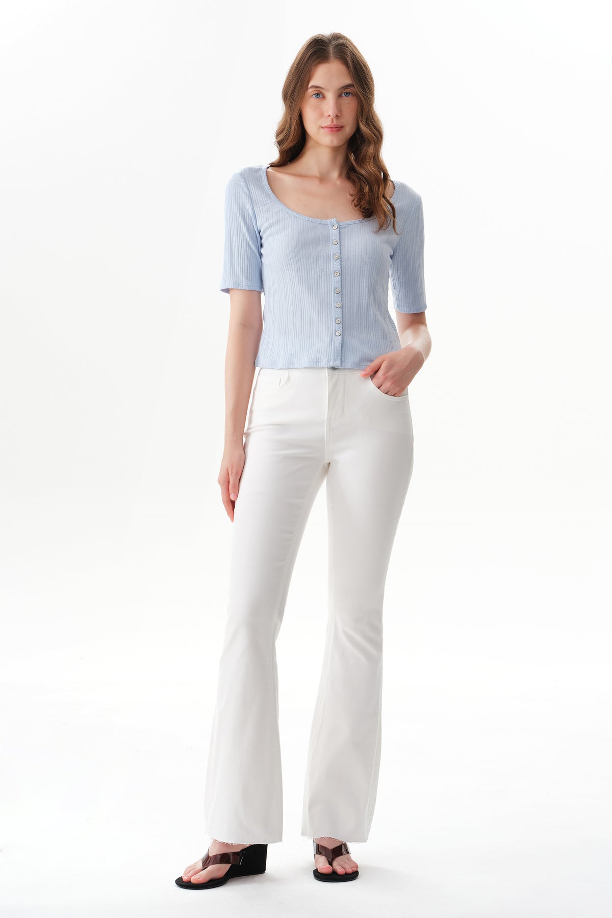 Button Fly High Waist Flare Bell Bottom Jeans OSF1078