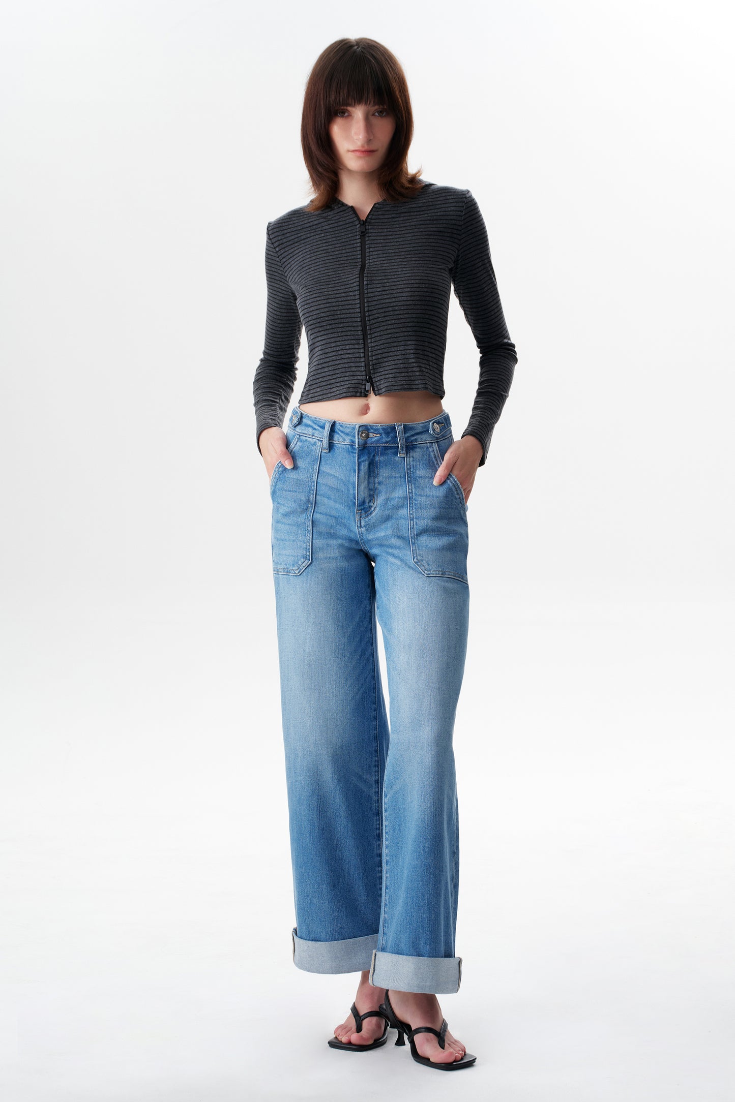Mid High Rise Cuffed Baggy Wide Leg Full Jeans ESFW620839