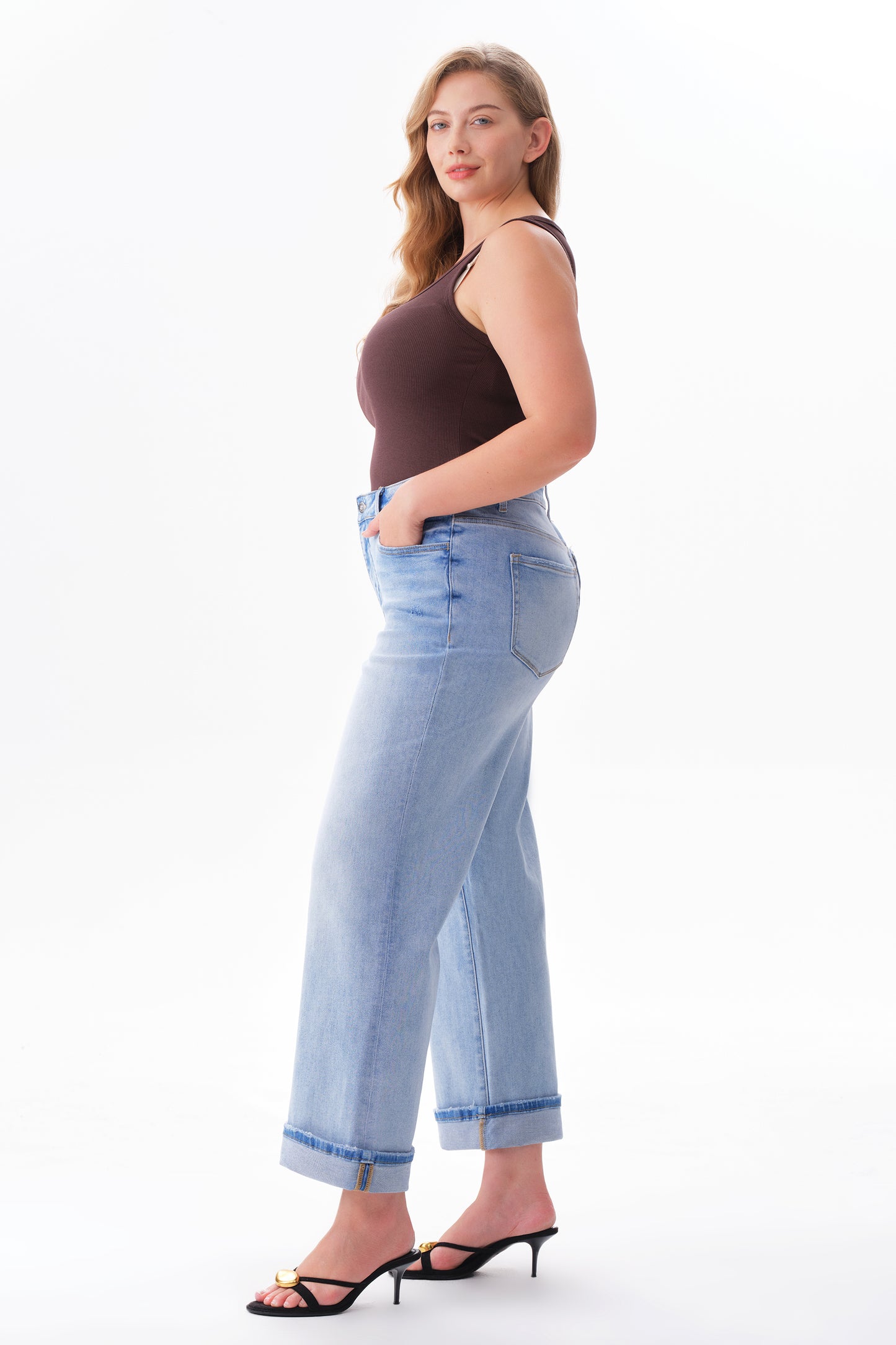Plus High Rise Cuffed Wide Leg Cropped Jeans ESFW620802-P