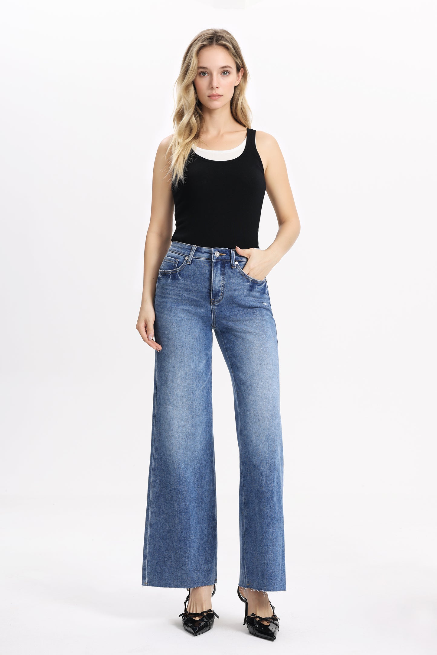 Distressed Mid Rise Wide Leg Denim Jeans OSW8028EC