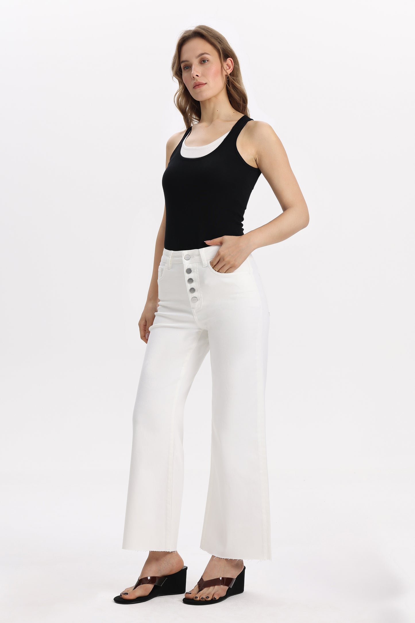 Cropped High Rise Wide Leg Jeans with Button-Fly Raw Hem OSN003