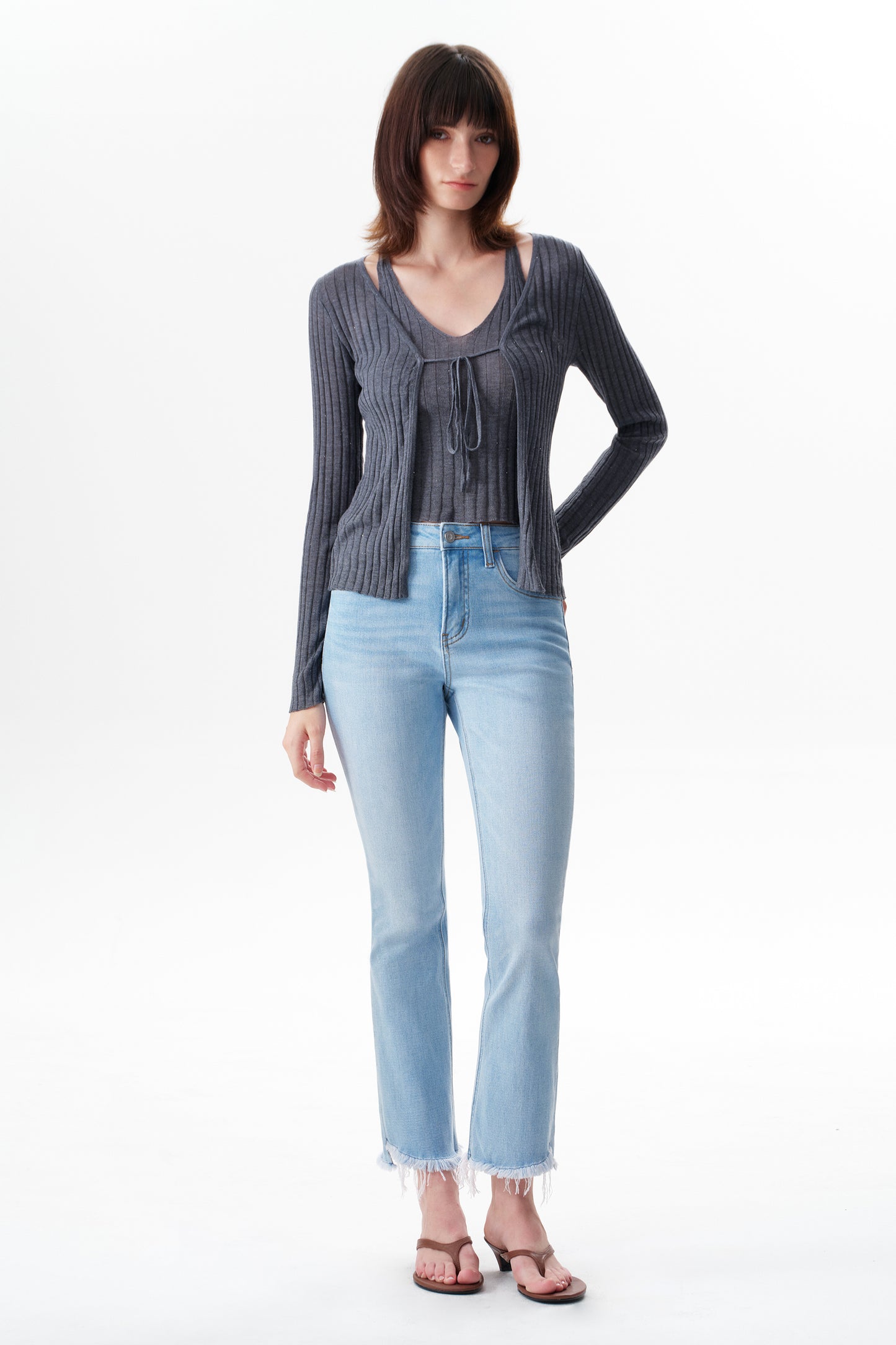 Mid Rise Raw Frayed Hem Ankle Bootcut Jeans OSF1142