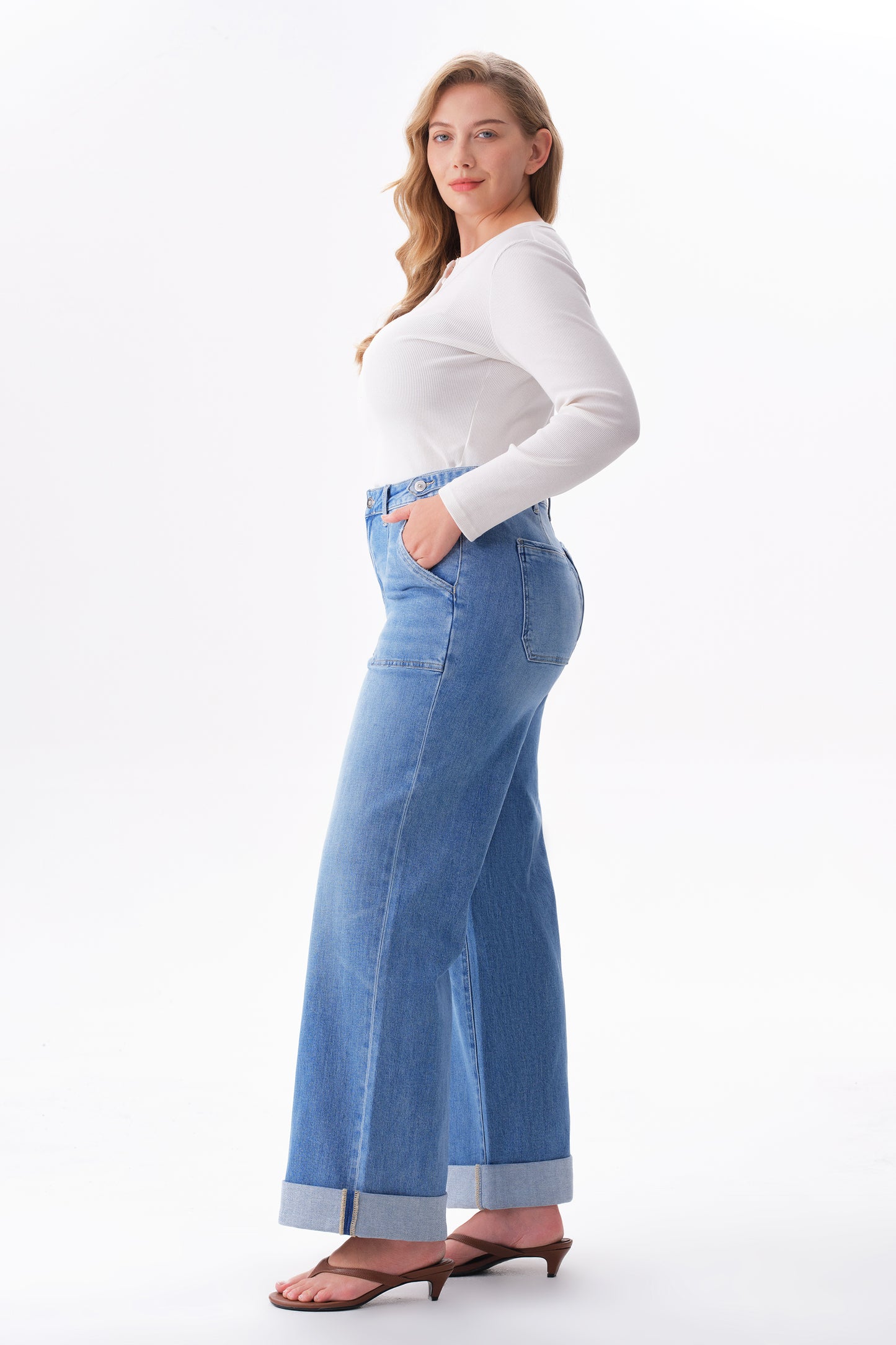Plus Mid High Rise Cuffed Baggy Wide Leg Full Jeans ESFW620839-P