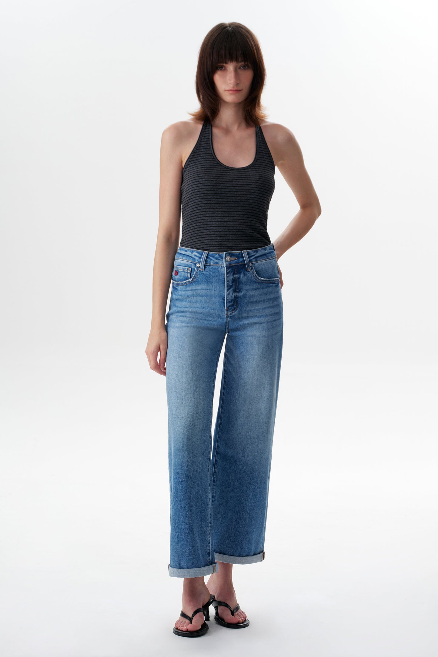 Mid High Rise Cuffed Wide Leg Ankle Jeans ESFW620808
